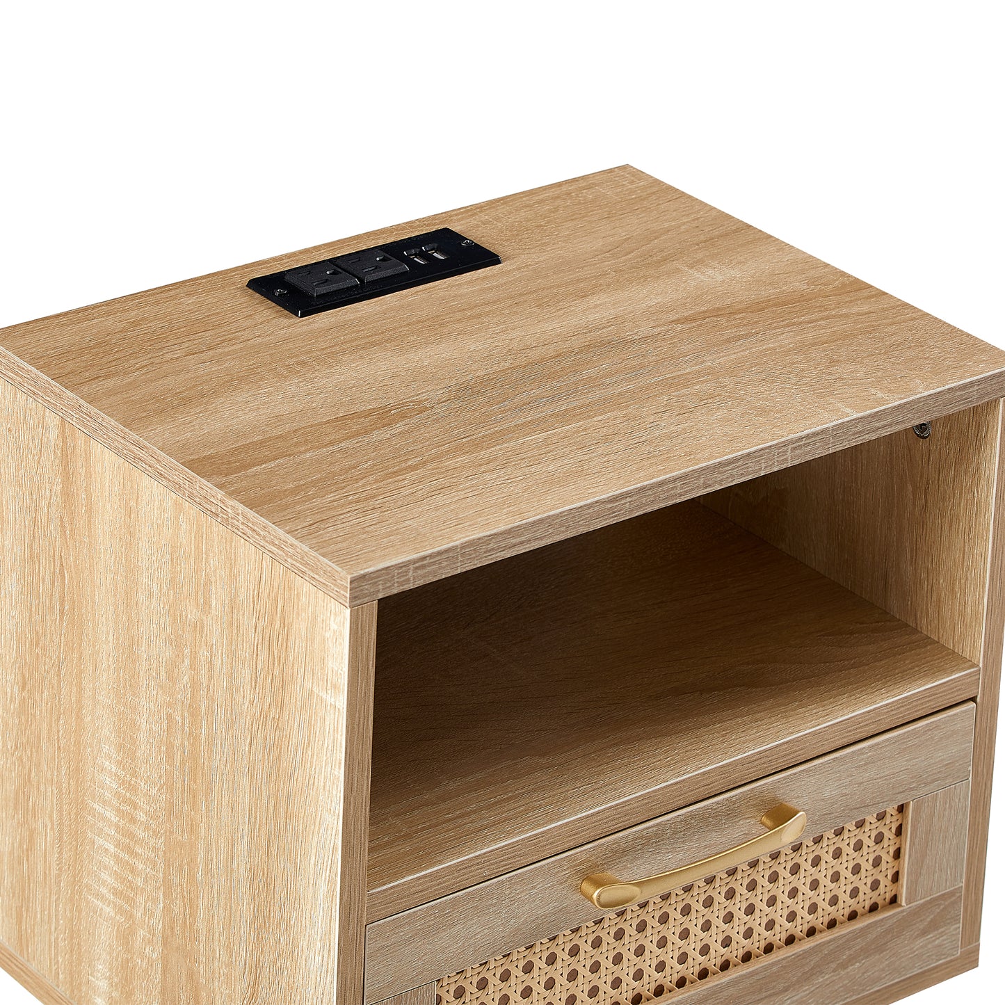 Nightstand with Power Outlet & USB Ports 15.75" Bedside Table with Solid Wood Legs, End Side Table with Open Storage Shelf for Bedroom