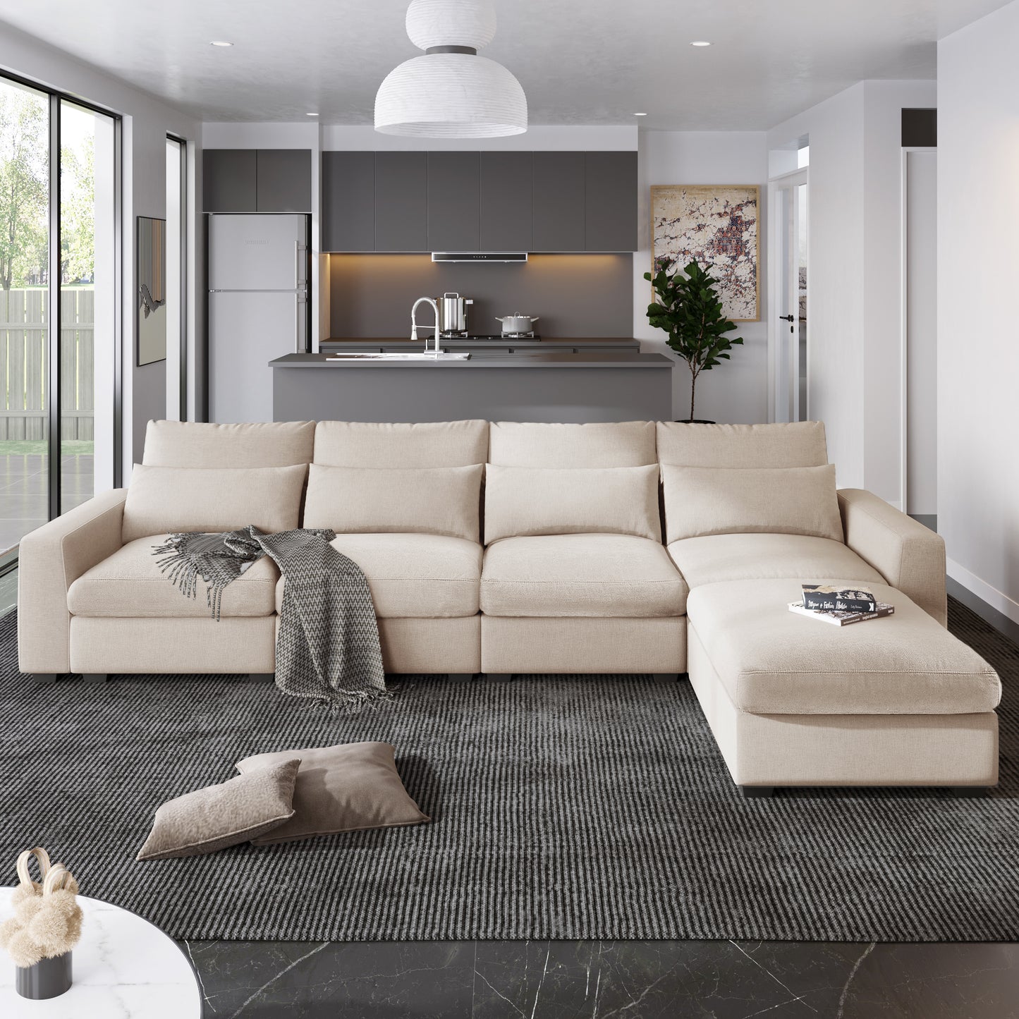 Convertible Modular Sectional Sofa with Reversible Chaise, Modern Linen L Shaped Couches 4-seat Couches for Living Room Apartment