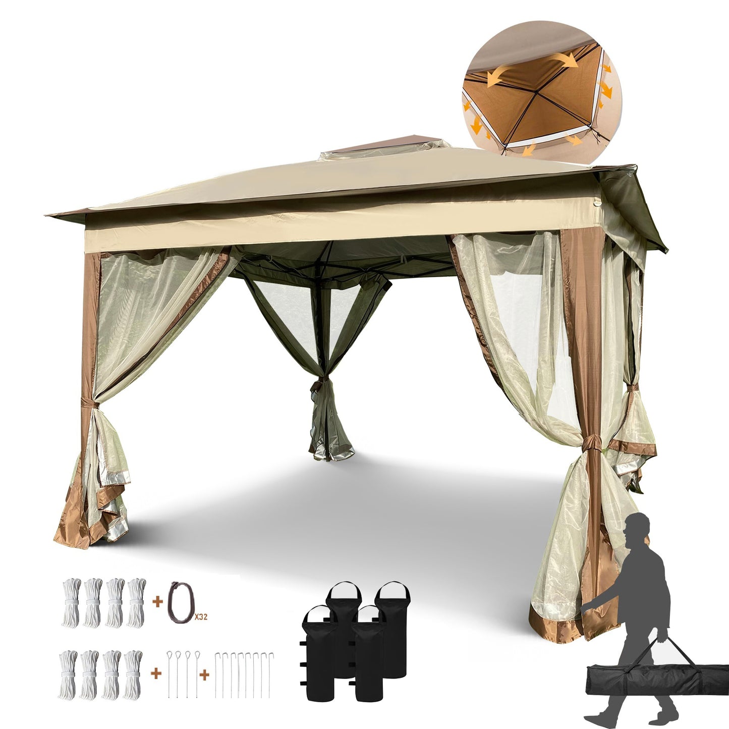 Pop Up Gazebo 11x 11Ft Outdoor Canopy Tent with Mosquito Netting Gazebo Canopy w/ Removable Zipper Netting, 2-tier Soft Top For Patio Backyard Garden Camping Area with 4 Sandbags