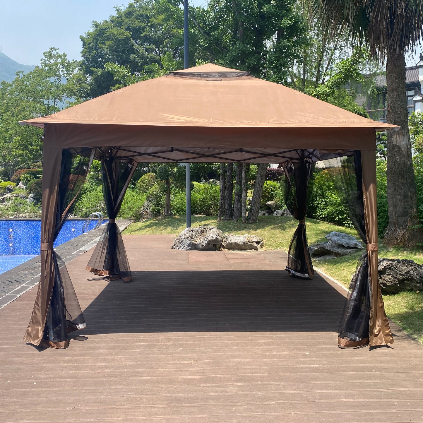 Pop Up Gazebo 11x 11Ft Outdoor Canopy Tent with Mosquito Netting Gazebo Canopy w/ Removable Zipper Netting, 2-tier Soft Top For Patio Backyard Garden Camping Area with 4 Sandbags