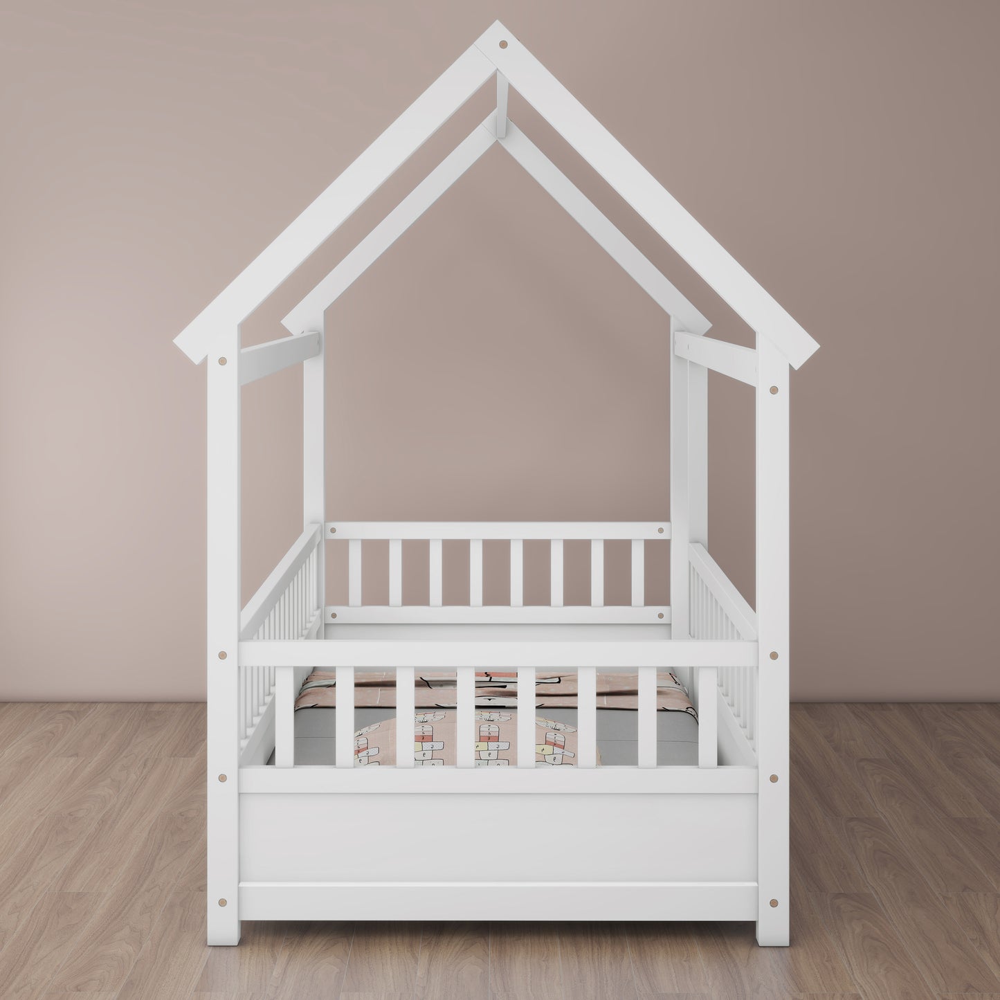 Twin Size House Floor Bed, Wooden Montessori Bed with Fence and Roof for Kids, Twin Bed Frame for Boys and girls (Twin, White)