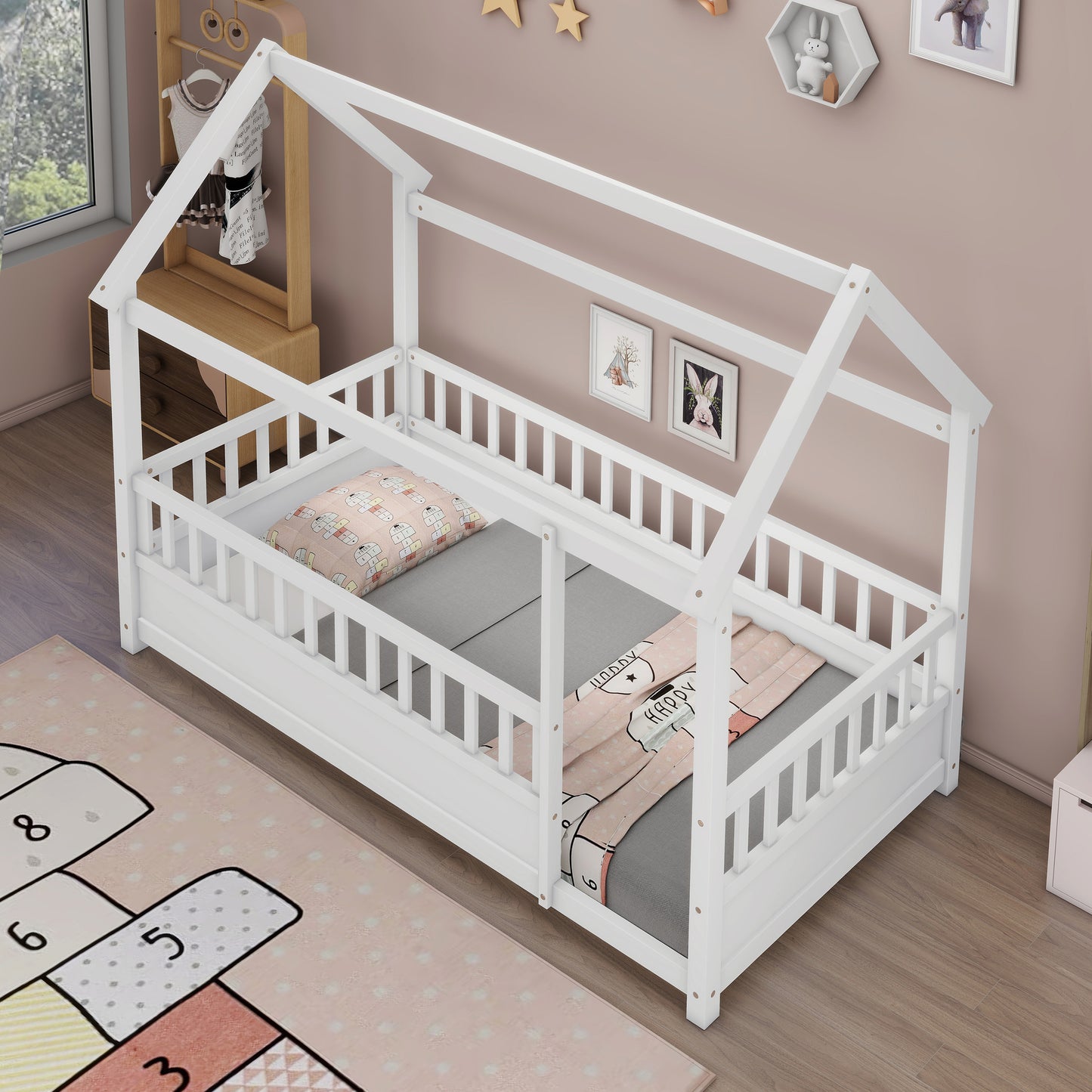 Twin Size House Floor Bed, Wooden Montessori Bed with Fence and Roof for Kids, Twin Bed Frame for Boys and girls (Twin, White)