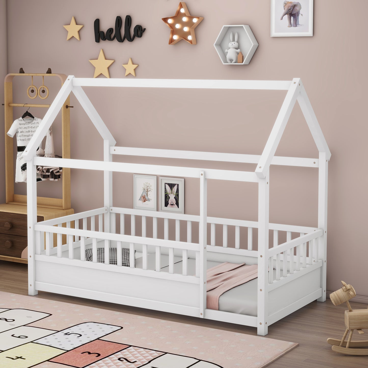 Twin Size House Floor Bed, Wooden Montessori Bed with Fence and Roof for Kids, Twin Bed Frame for Boys and girls (Twin, White)