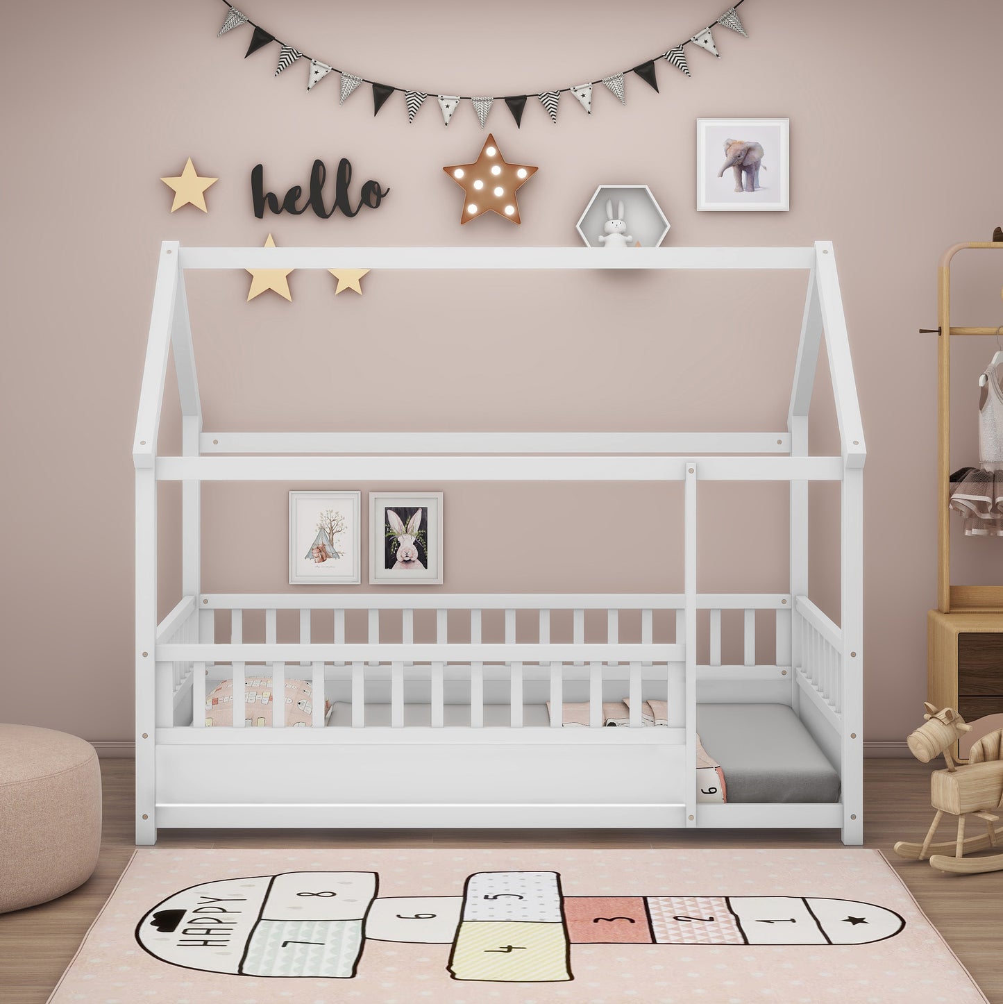 Twin Size House Floor Bed, Wooden Montessori Bed with Fence and Roof for Kids, Twin Bed Frame for Boys and girls (Twin, White)