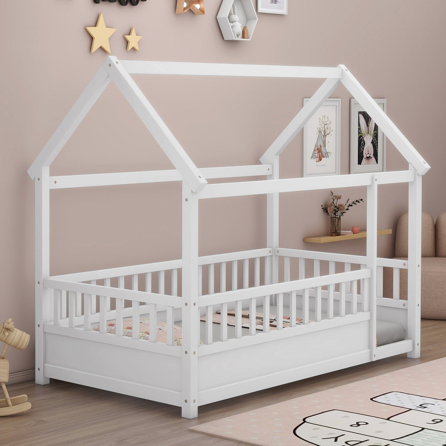 Twin Size House Floor Bed, Wooden Montessori Bed with Fence and Roof for Kids, Twin Bed Frame for Boys and girls (Twin, White)
