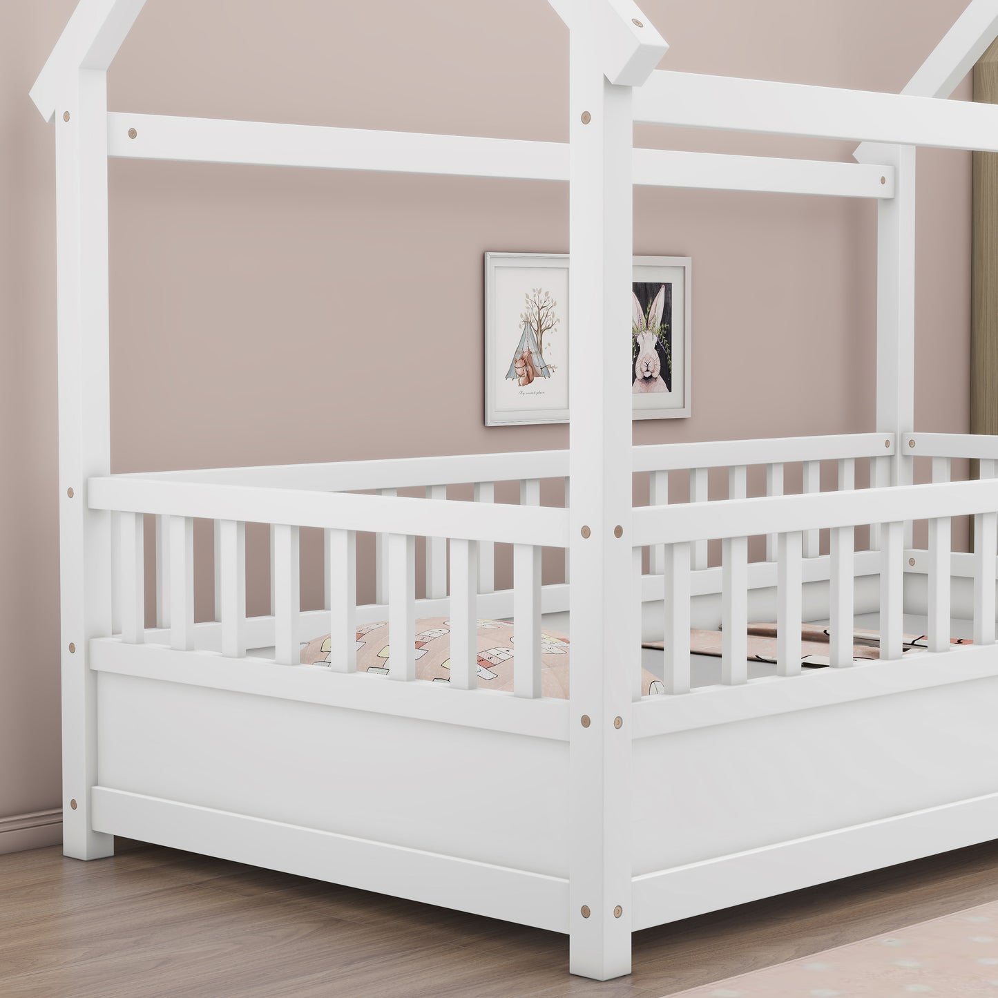 Twin Size House Floor Bed, Wooden Montessori Bed with Fence and Roof for Kids, Twin Bed Frame for Boys and girls (Twin, White)