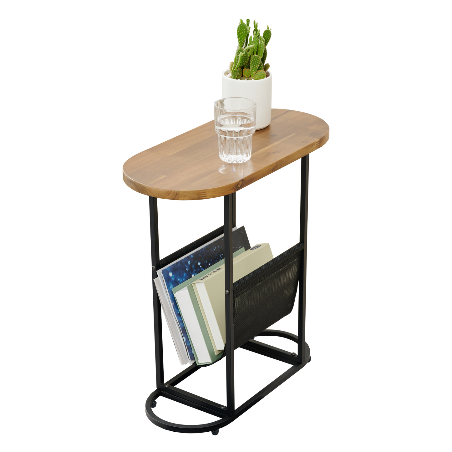 End Table Oval Small Side Tables, Narrow Side Table for Small Spaces, Slim End Table Magazine Table Nightstand with Storage Holder, Accent Skinny Snack Couch Bedside Table