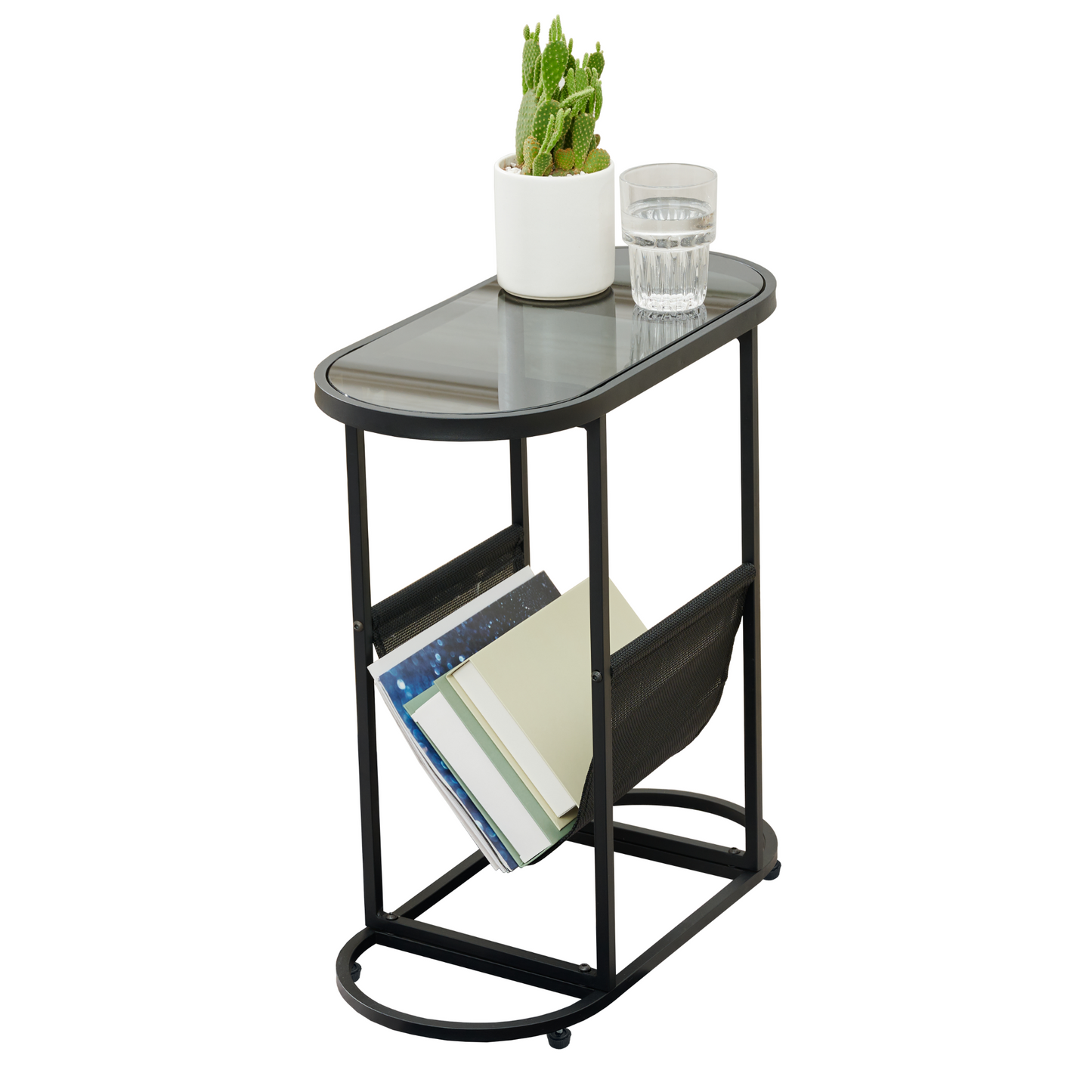 End Table Oval Small Side Tables, Narrow Side Table for Small Spaces, Slim End Table Magazine Table Nightstand with Storage Holder, Accent Skinny Snack Couch Bedside Table