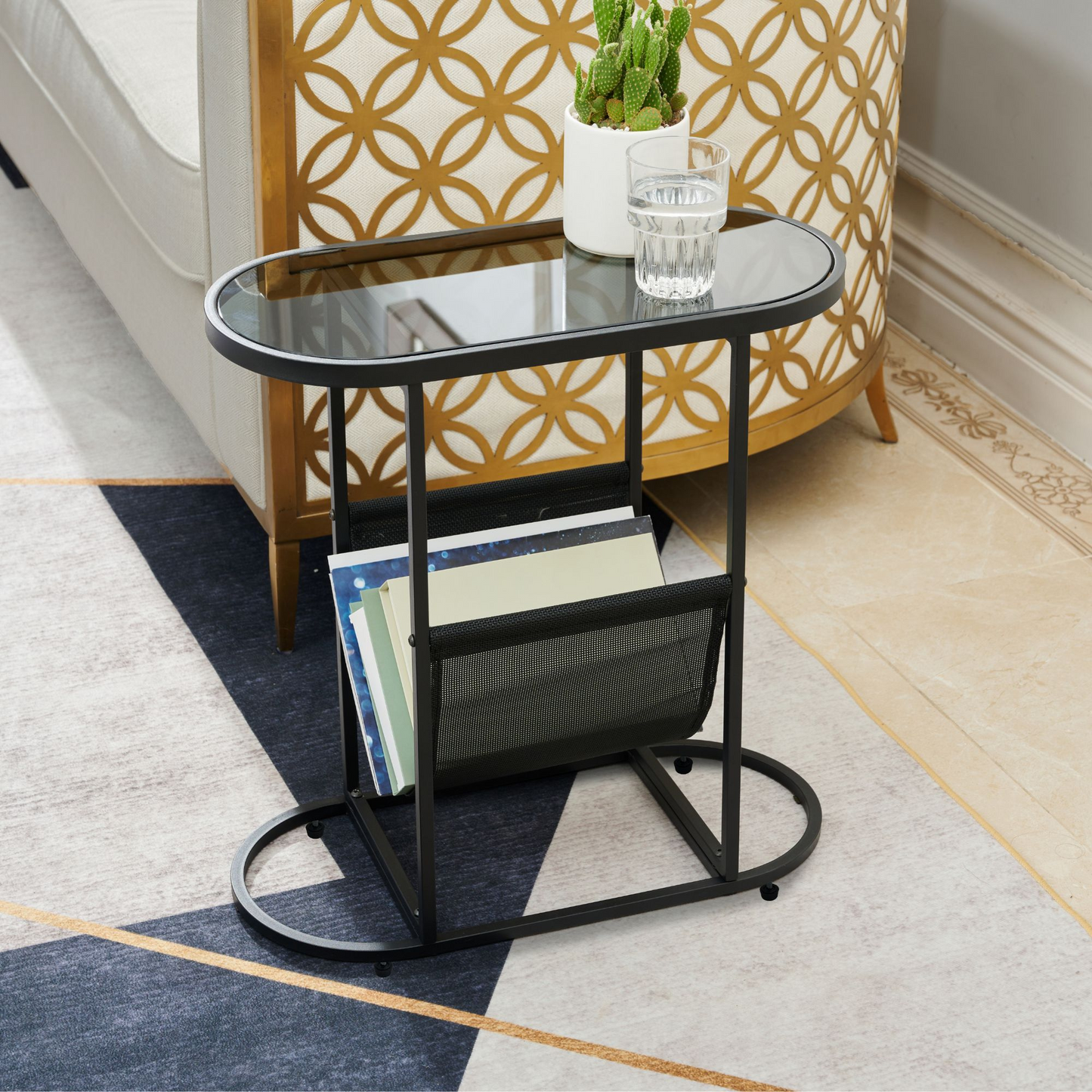 End Table Oval Small Side Tables, Narrow Side Table for Small Spaces, Slim End Table Magazine Table Nightstand with Storage Holder, Accent Skinny Snack Couch Bedside Table