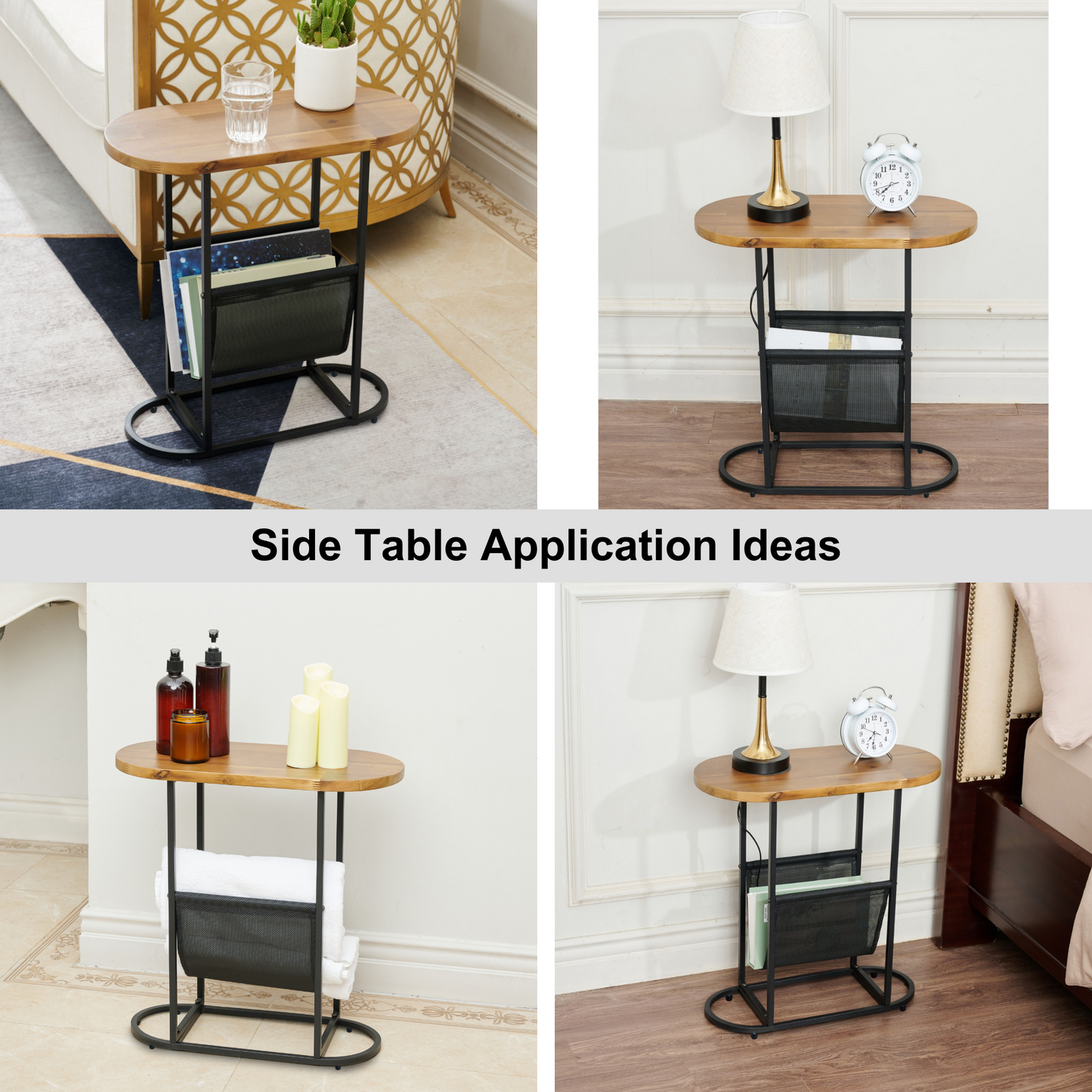 End Table Oval Small Side Tables, Narrow Side Table for Small Spaces, Slim End Table Magazine Table Nightstand with Storage Holder, Accent Skinny Snack Couch Bedside Table