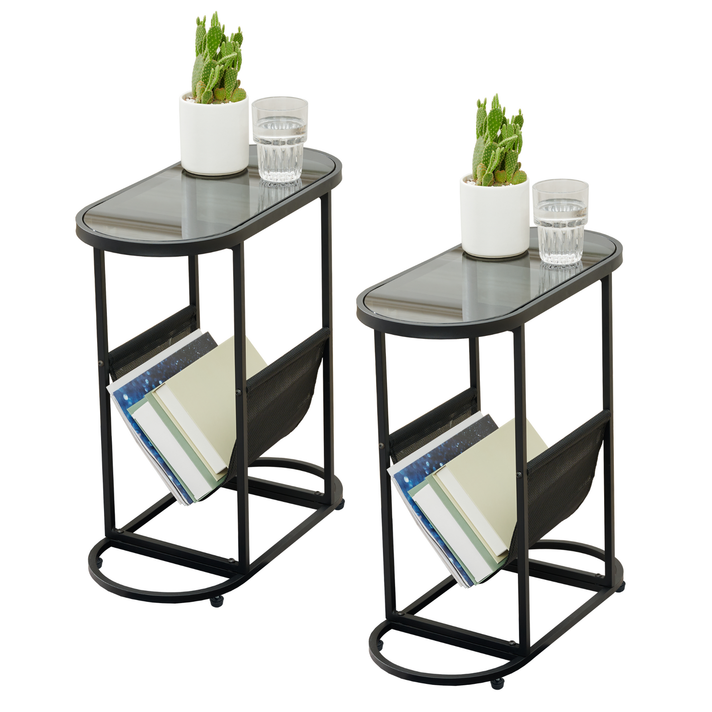 End Table Oval Small Side Tables, Narrow Side Table for Small Spaces, Slim End Table Magazine Table Nightstand with Storage Holder, Accent Skinny Snack Couch Bedside Table