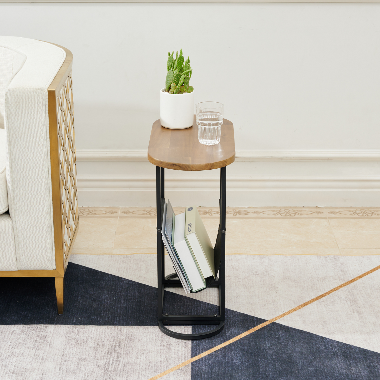 End Table Oval Small Side Tables, Narrow Side Table for Small Spaces, Slim End Table Magazine Table Nightstand with Storage Holder, Accent Skinny Snack Couch Bedside Table