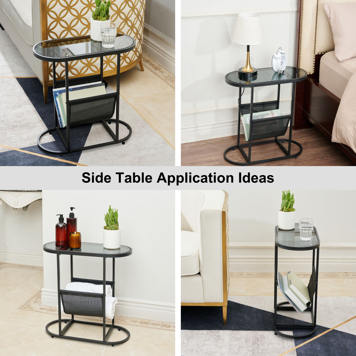 End Table Oval Small Side Tables, Narrow Side Table for Small Spaces, Slim End Table Magazine Table Nightstand with Storage Holder, Accent Skinny Snack Couch Bedside Table