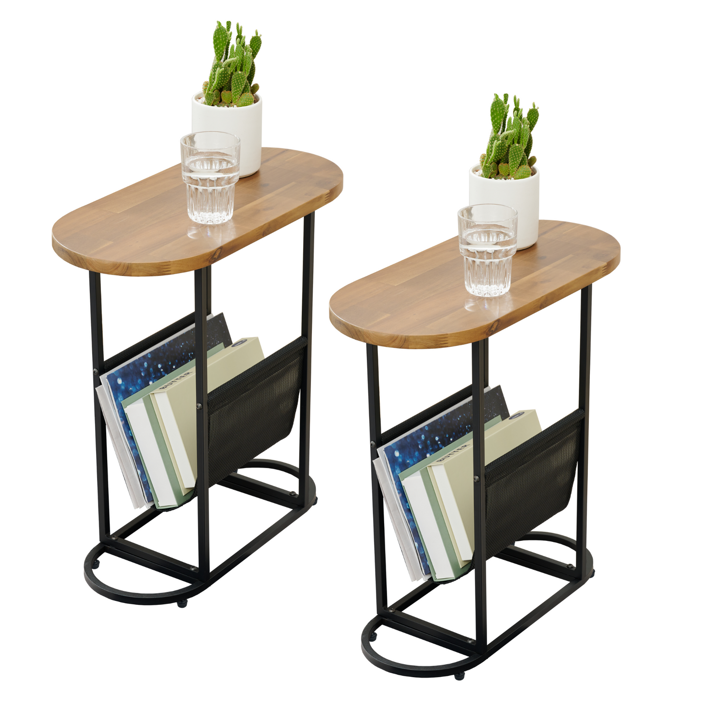 End Table Oval Small Side Tables, Narrow Side Table for Small Spaces, Slim End Table Magazine Table Nightstand with Storage Holder, Accent Skinny Snack Couch Bedside Table