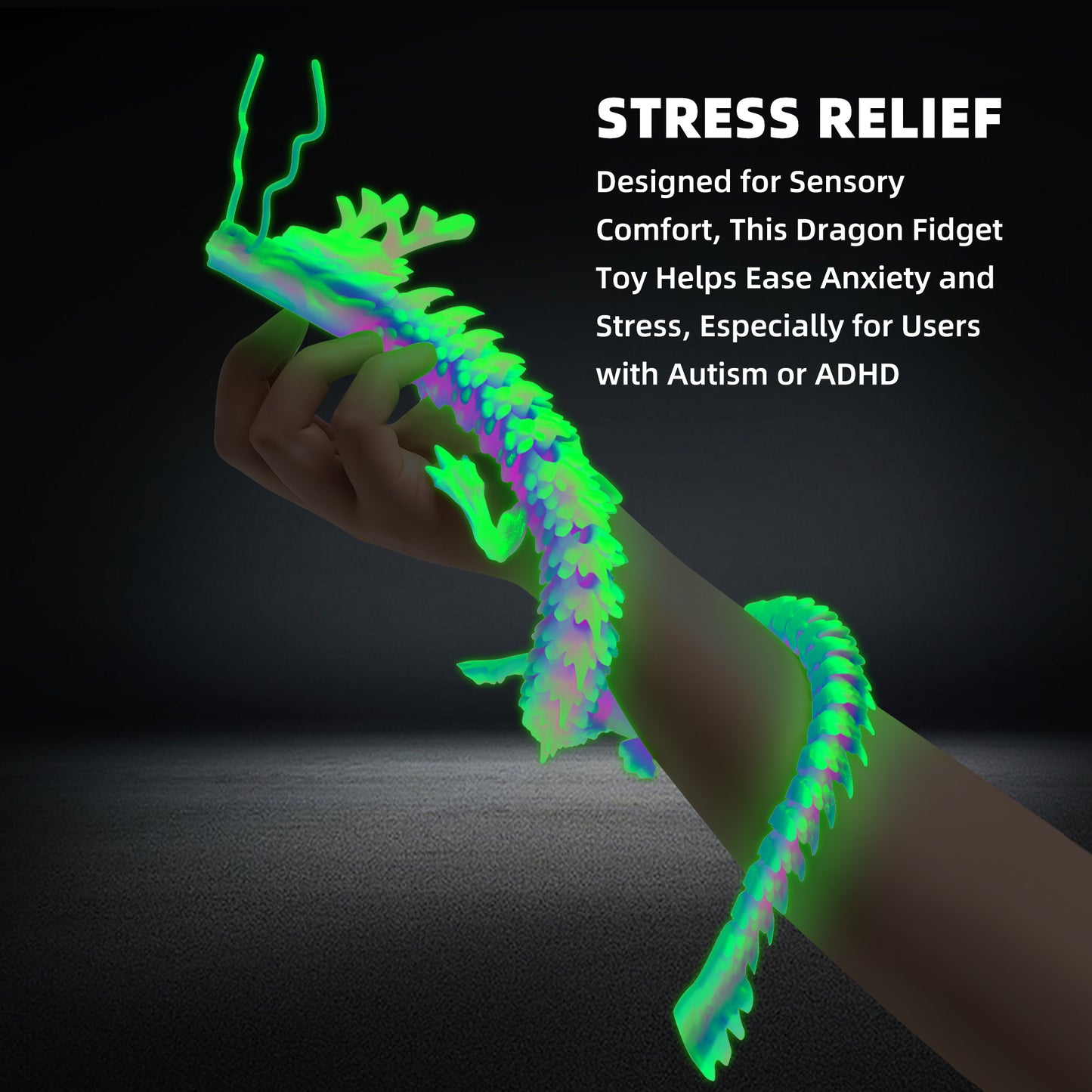 3D Printed Dragon, 3D Dragon,23 Inch 3D Printed Fidget Dragon Glow in The Dark, 3D Printed Articulated Dragon for Home Office Car Desk Decor Toys