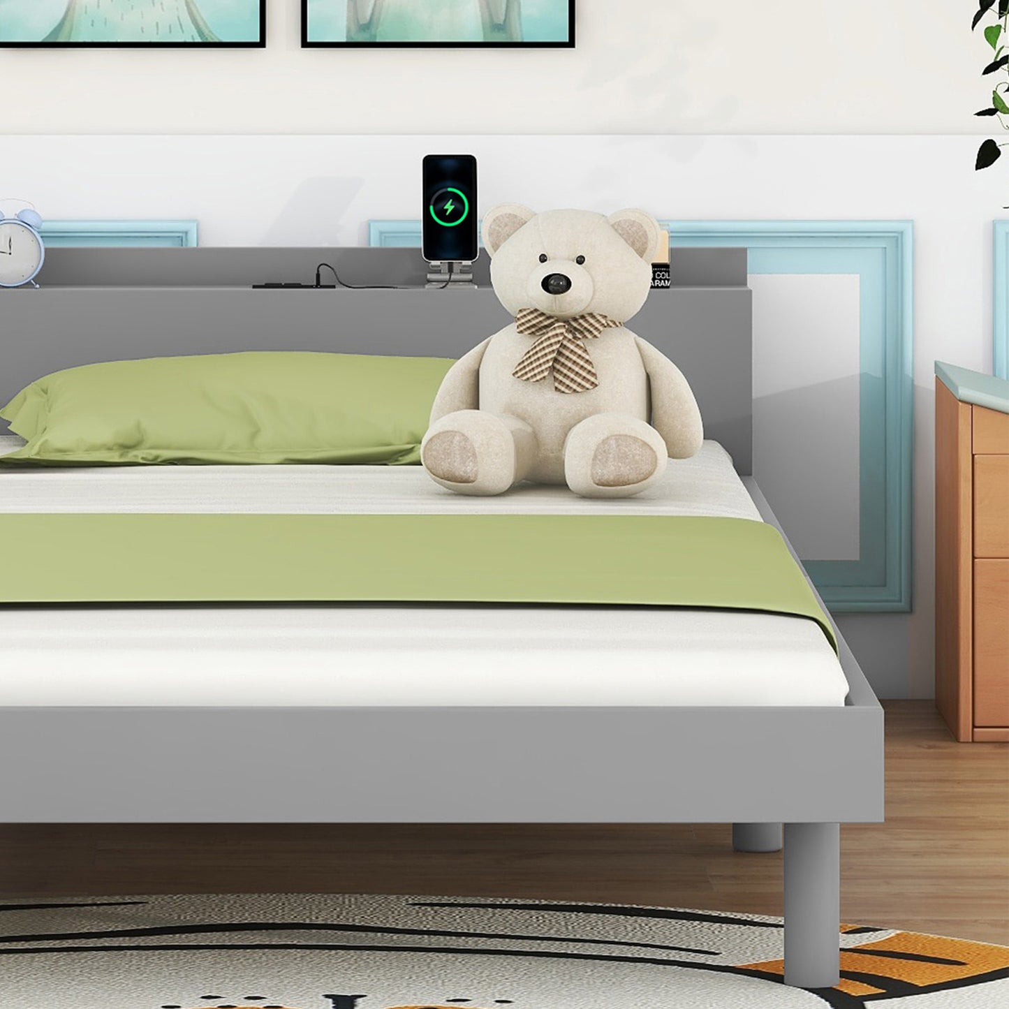 Twin Size Bed Frame with Charging Station Built-in USB Port Metal Slat, Noise Free, Easy Assembly, Golden