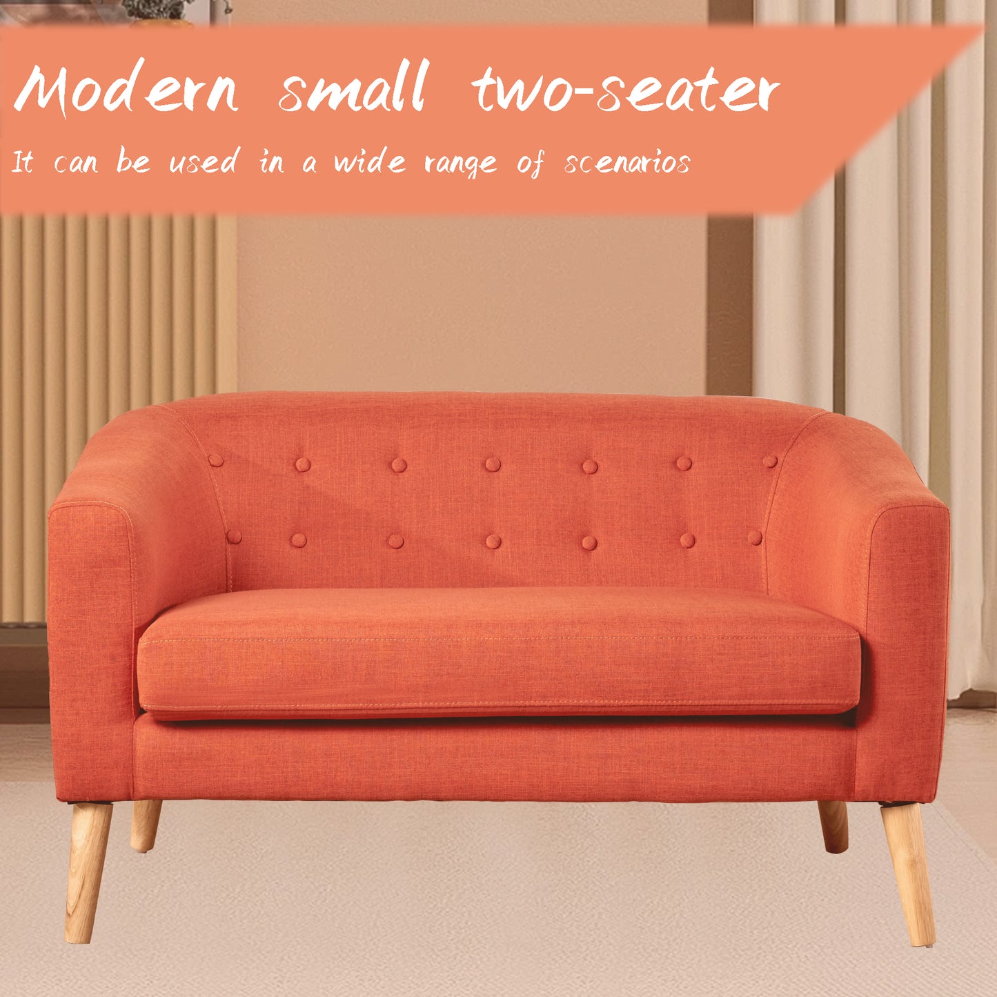 Loveseat Sofa, Mid Century Linen Fabric 2-Seat Couch Tufted Love Seat with Back Cushions and Tapered Wood Legs for Living Room, Bedroom and Small Space