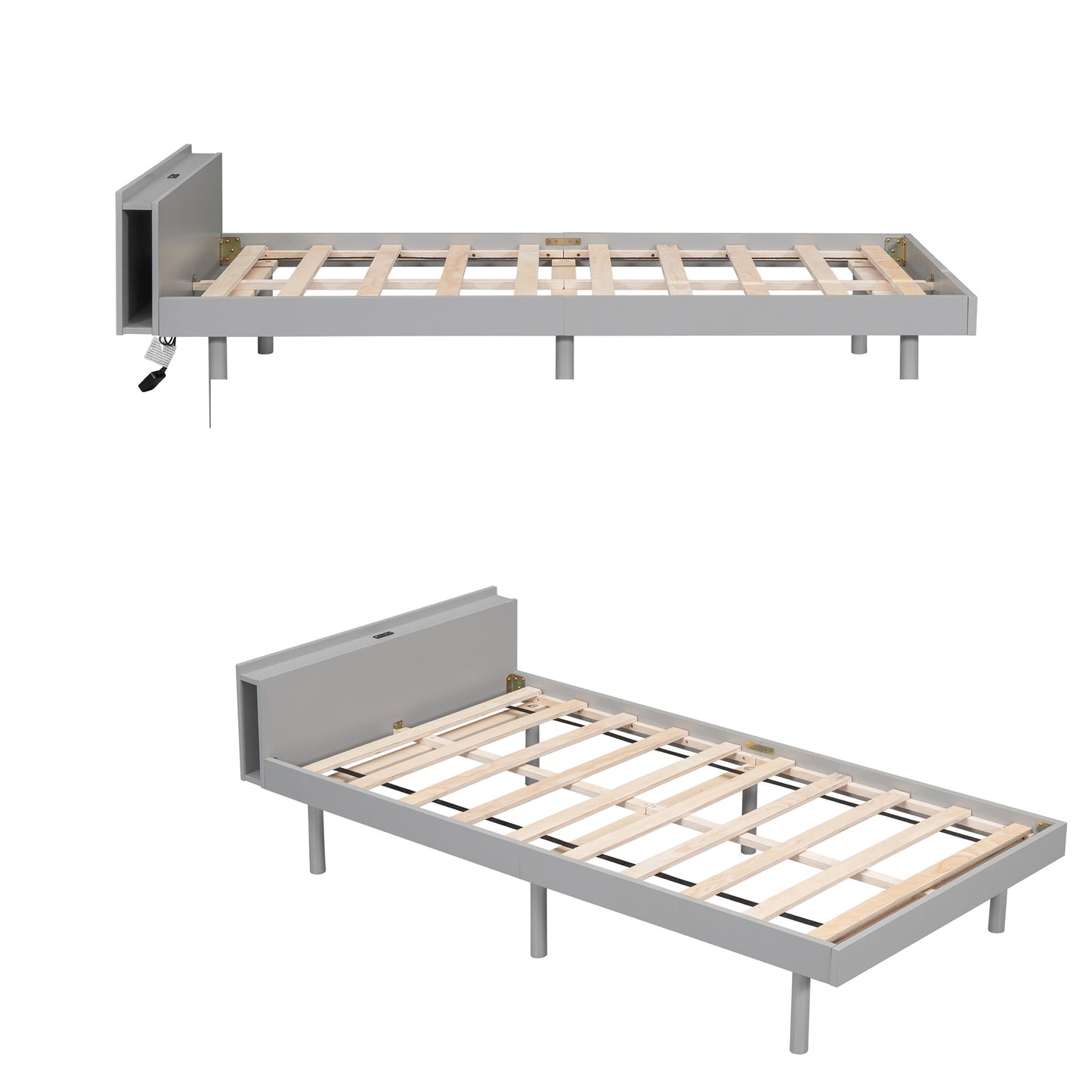 Twin Size Bed Frame with Charging Station Built-in USB Port Metal Slat, Noise Free, Easy Assembly, Golden