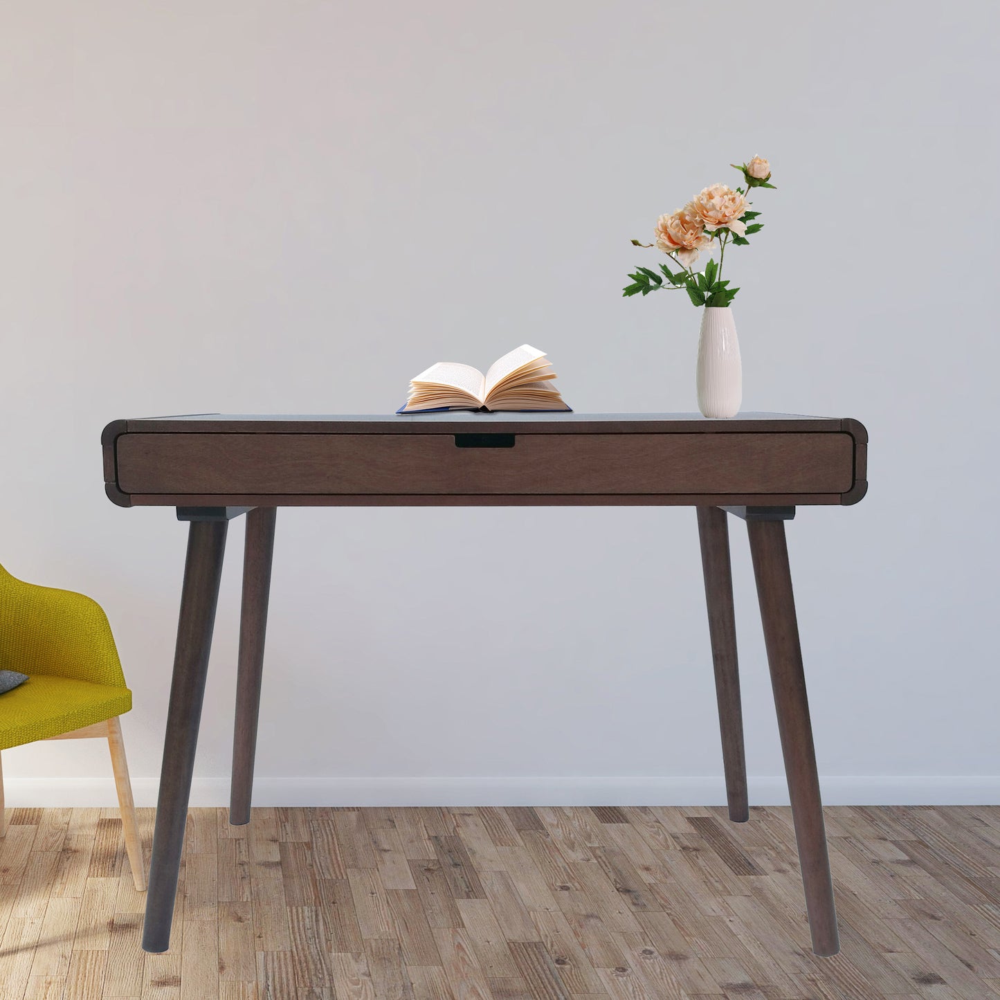 Writing Desk with Drawers Mid Century Modern Desk, Wood Office Desk Computer Desk with Drawer Vanity Desk for Small Space, White Desk with Solid Wood Legs