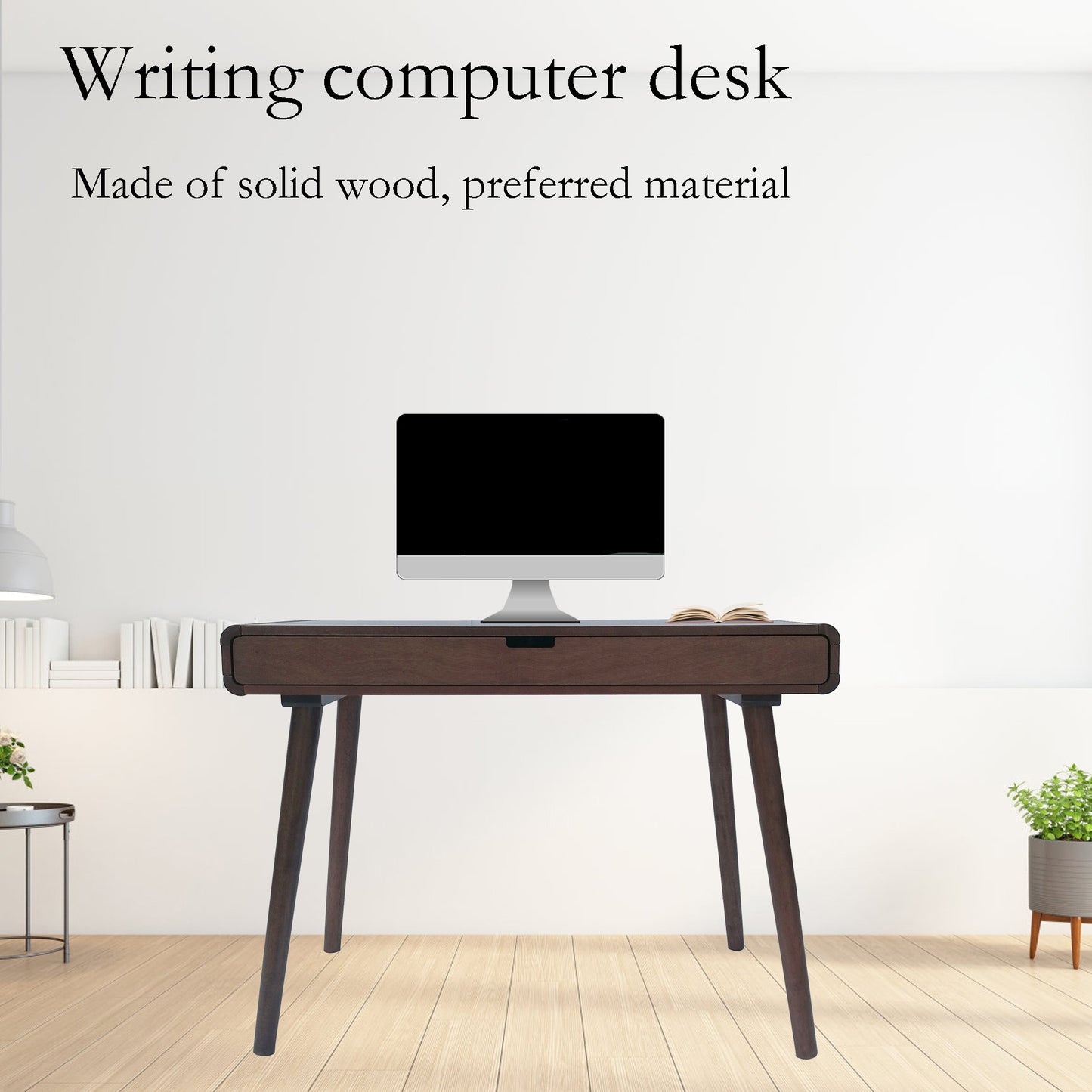 Writing Desk with Drawers Mid Century Modern Desk, Wood Office Desk Computer Desk with Drawer Vanity Desk for Small Space, White Desk with Solid Wood Legs