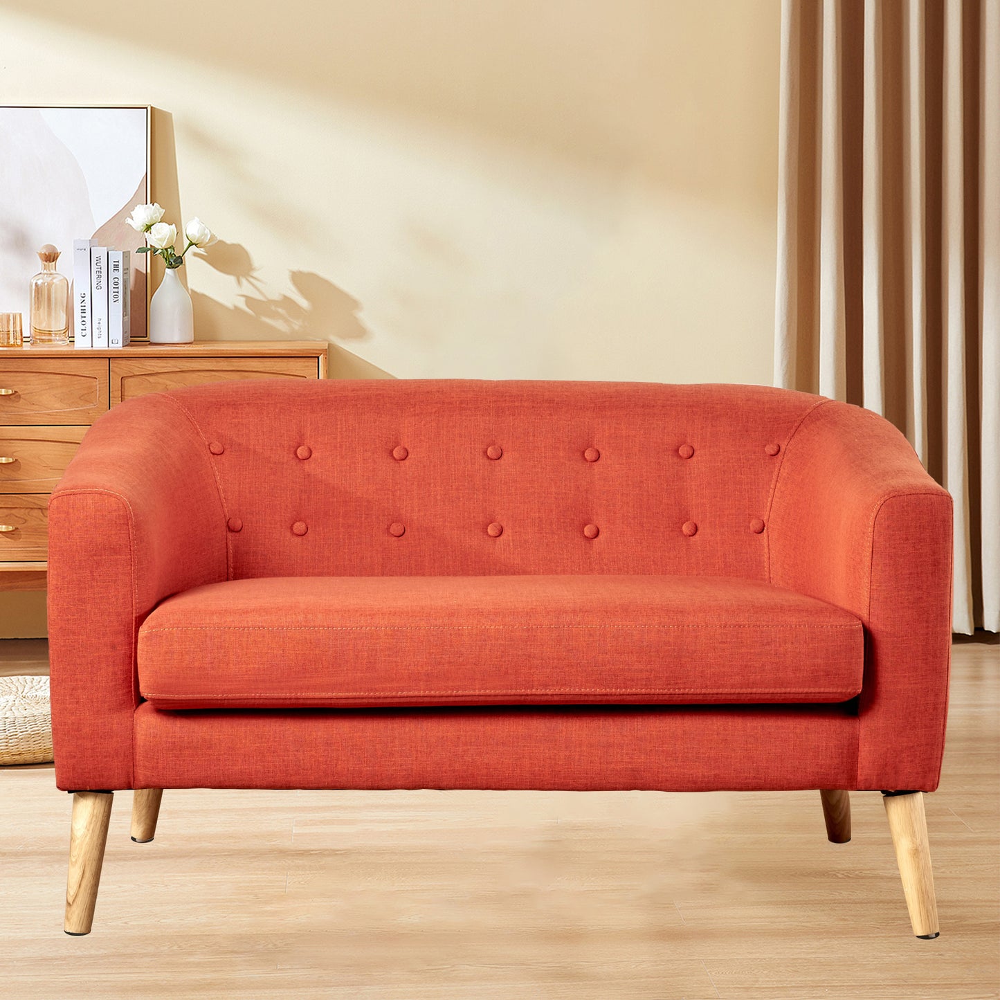 Loveseat Sofa, Mid Century Linen Fabric 2-Seat Couch Tufted Love Seat with Back Cushions and Tapered Wood Legs for Living Room, Bedroom and Small Space