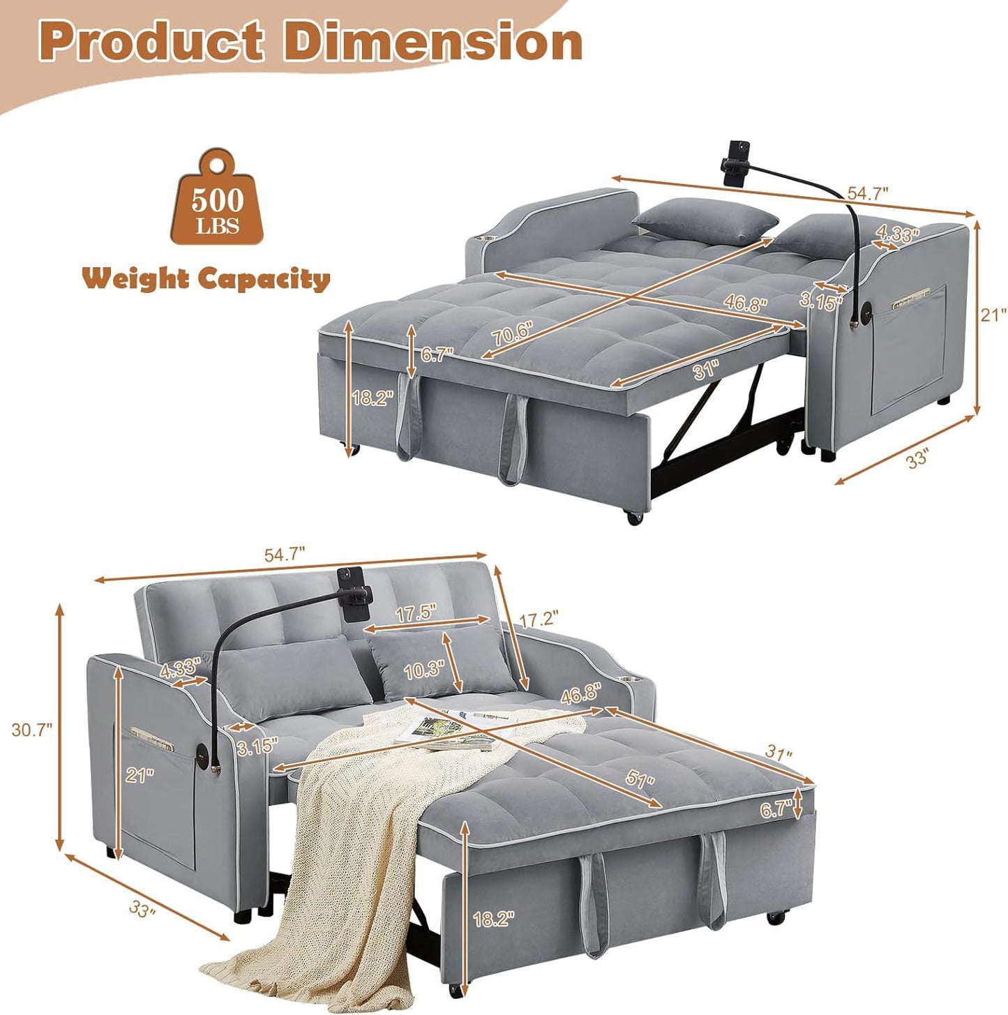 Convertible Sofa Bed with Pull Out Bed - 55" Tufted Velvet Loveseat Sleeper Sofa Adjustable Back with USB Port Ashtray Swivel Phone Stand, Pockets-Perfect for Small Spaces, Living Room Furniture