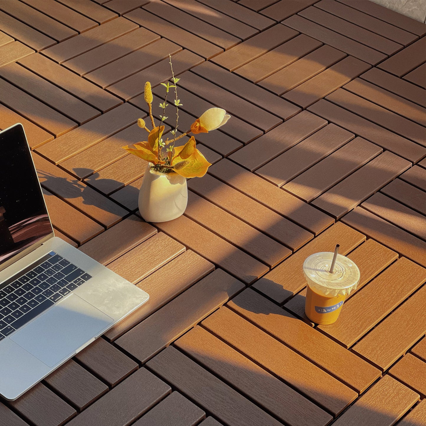 Plastic Interlocking Deck Tiles, 44 Pack Patio Deck Tiles, 12"x12" Waterproof Outdoor Flooring All Weather Use, Patio Floor Decking Tiles for Porch Poolside Balcony Backyard, Dark Brown
