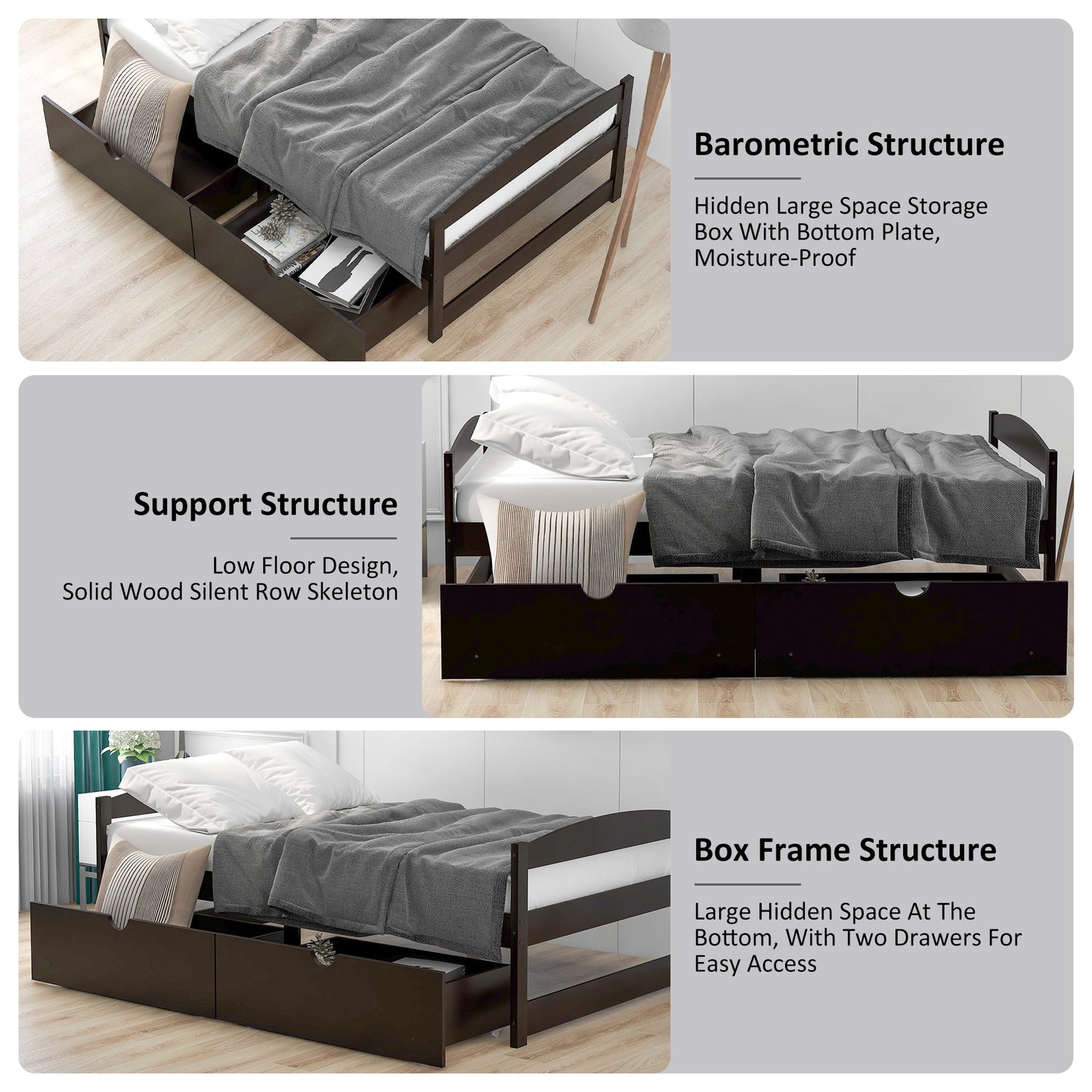 Twin Size Bed Frame with 2 Storage Drawers, Twin Kids Bed, Solid Wood Platform Bed Twin for Kids, Teens, Adults w/Wood Slat Support for Dorm, Bedroom, Apartment, No Box Spring Needed