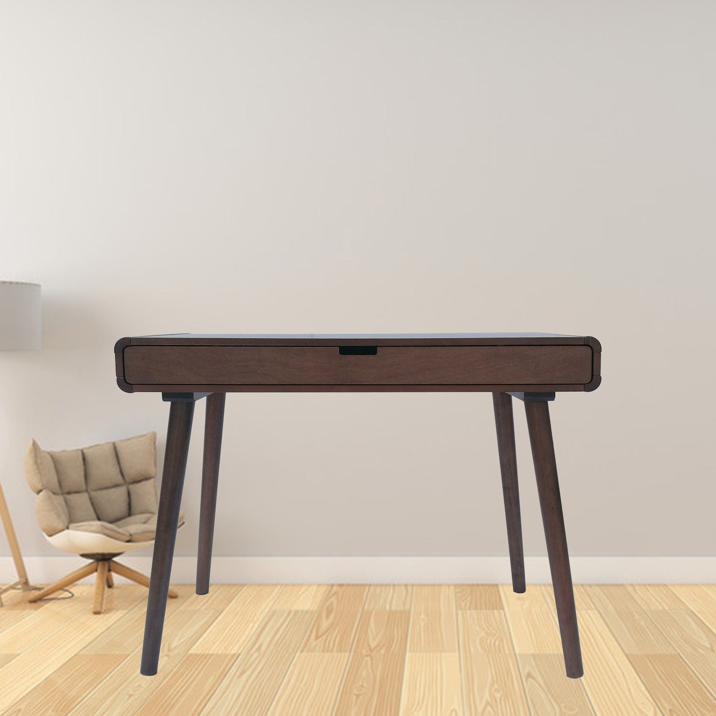 Writing Desk with Drawers Mid Century Modern Desk, Wood Office Desk Computer Desk with Drawer Vanity Desk for Small Space, White Desk with Solid Wood Legs