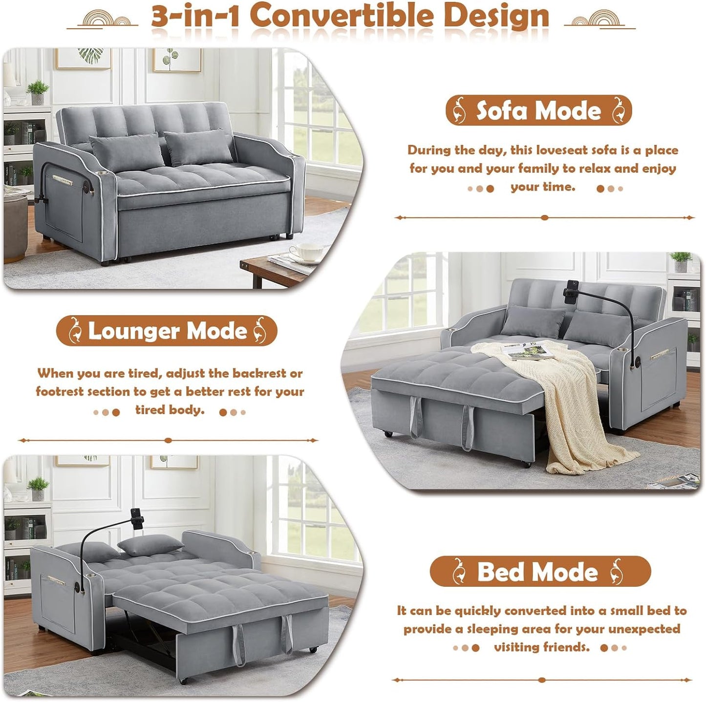 Convertible Sofa Bed with Pull Out Bed - 55" Tufted Velvet Loveseat Sleeper Sofa Adjustable Back with USB Port Ashtray Swivel Phone Stand, Pockets-Perfect for Small Spaces, Living Room Furniture