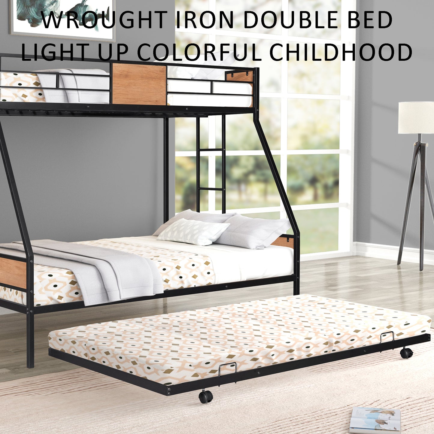 Twin Over Full Size Bunk Bed with Trundle, Heavy Duty Metal Bunk Bed Frame with Inclined Ladder Safety Guardrail,3 in 1 Triple Bunk Beds Low Floor Bunk Bed for Teens Youths Adults Space Saving