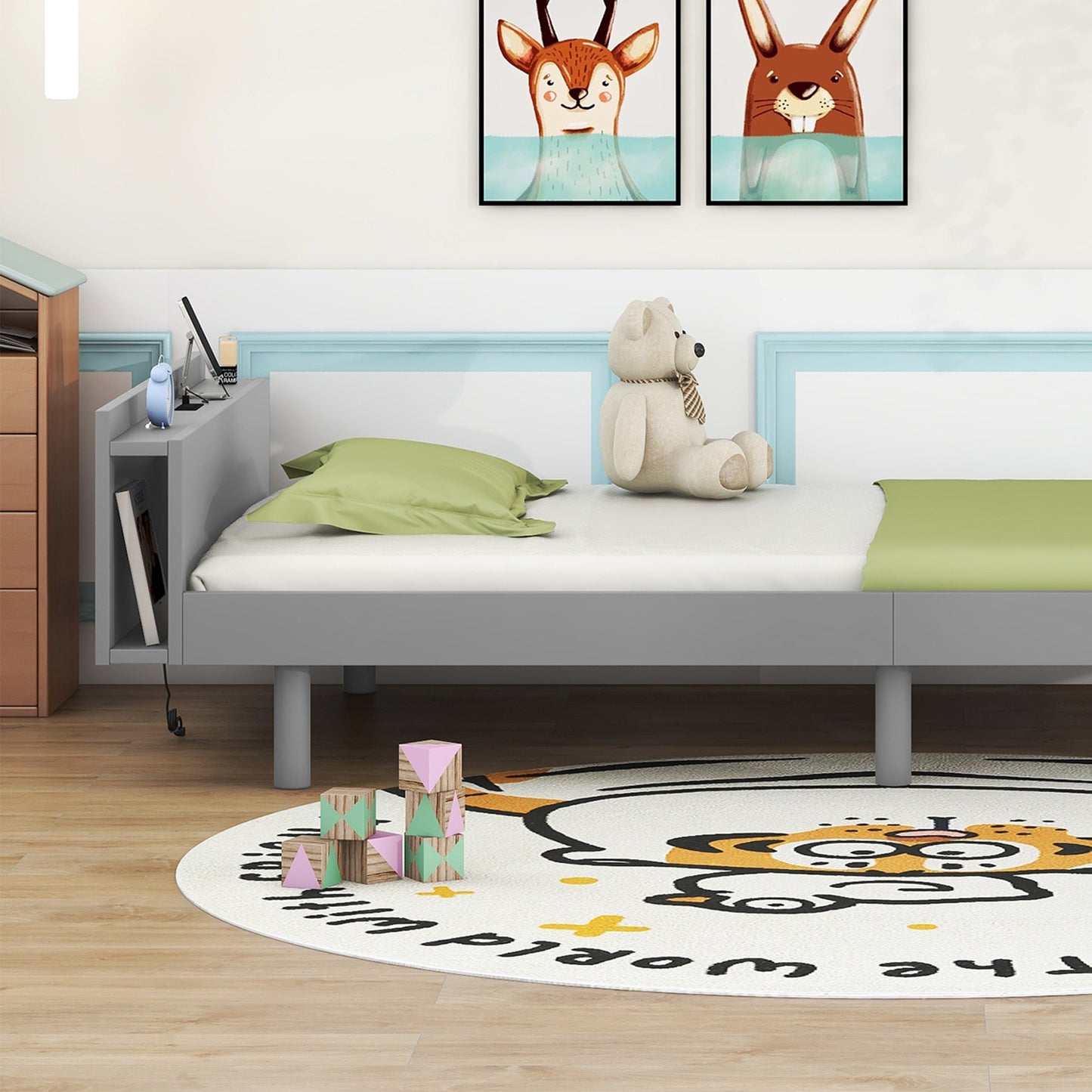 Twin Size Bed Frame with Charging Station Built-in USB Port Metal Slat, Noise Free, Easy Assembly, Golden