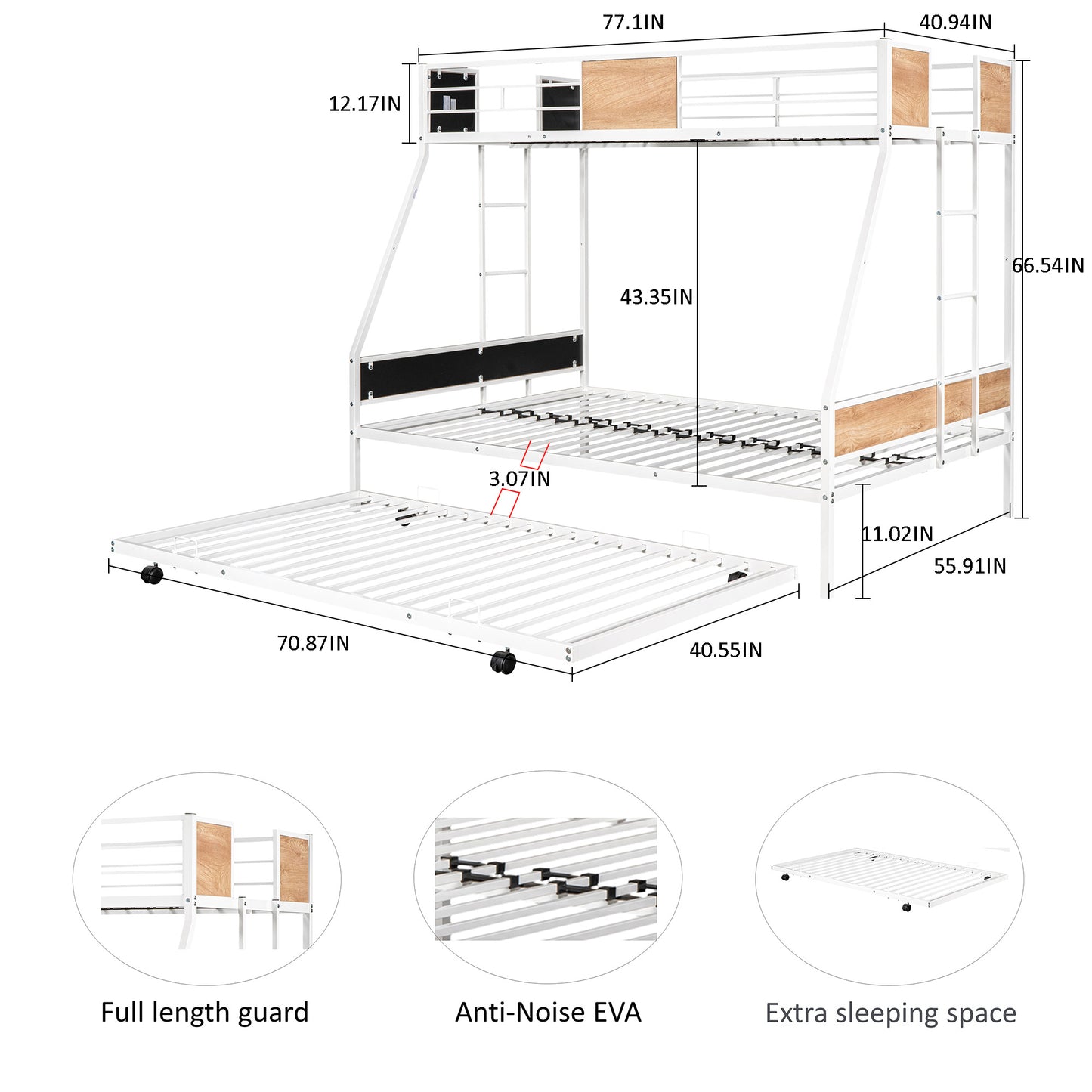Twin Over Full Size Bunk Bed with Trundle, Heavy Duty Metal Bunk Bed Frame with Inclined Ladder Safety Guardrail,3 in 1 Triple Bunk Beds Low Floor Bunk Bed for Teens Youths Adults Space Saving