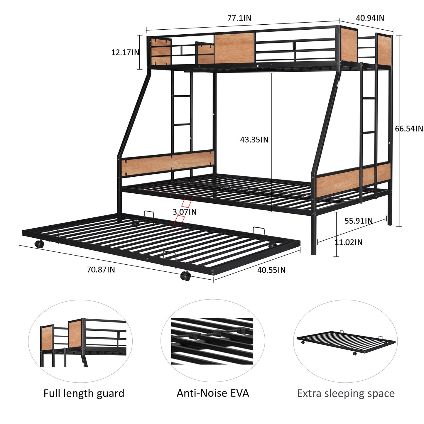 Twin Over Full Size Bunk Bed with Trundle, Heavy Duty Metal Bunk Bed Frame with Inclined Ladder Safety Guardrail,3 in 1 Triple Bunk Beds Low Floor Bunk Bed for Teens Youths Adults Space Saving