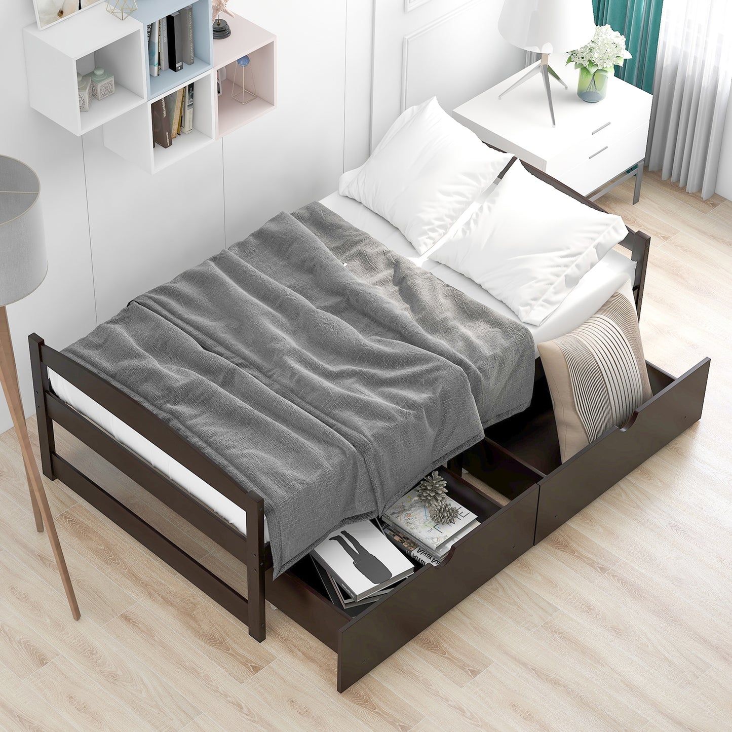 Twin Size Bed Frame with 2 Storage Drawers, Twin Kids Bed, Solid Wood Platform Bed Twin for Kids, Teens, Adults w/Wood Slat Support for Dorm, Bedroom, Apartment, No Box Spring Needed