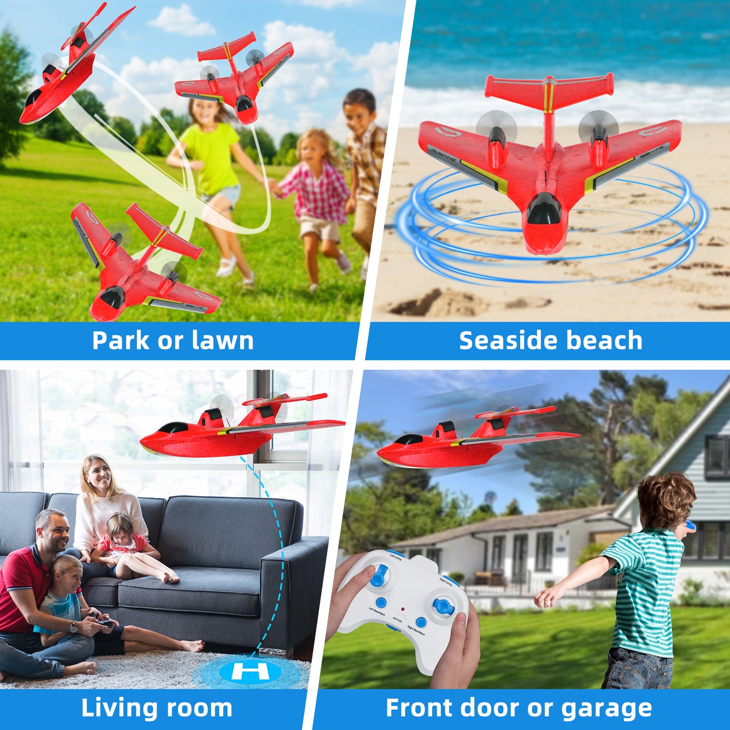 RC Plane for Water Land Air, Upgrade RC Plane Remote Control Glider Airplanes 2.4 GHZ 2 Channels with Lights, Anti-Collision Remote Control Air Planes Fighter Plane Toy Gifts