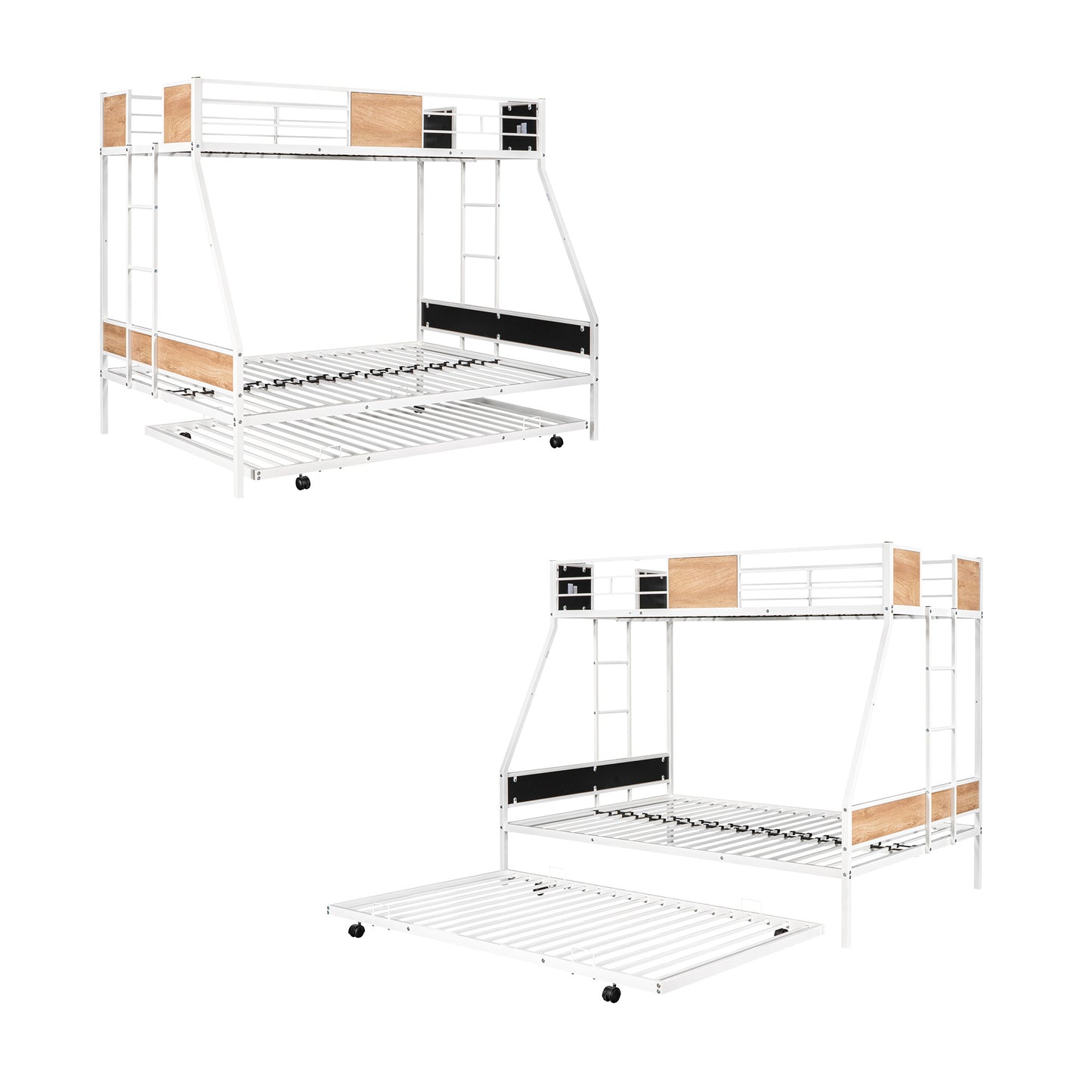 Twin Over Full Size Bunk Bed with Trundle, Heavy Duty Metal Bunk Bed Frame with Inclined Ladder Safety Guardrail,3 in 1 Triple Bunk Beds Low Floor Bunk Bed for Teens Youths Adults Space Saving