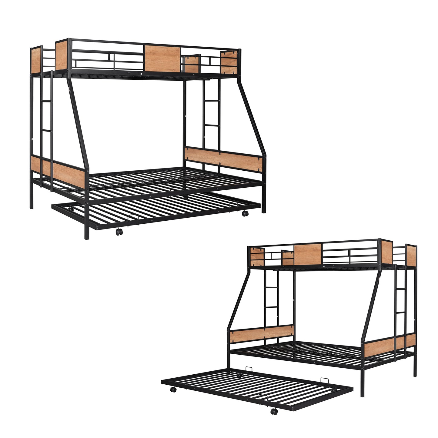 Twin Over Full Size Bunk Bed with Trundle, Heavy Duty Metal Bunk Bed Frame with Inclined Ladder Safety Guardrail,3 in 1 Triple Bunk Beds Low Floor Bunk Bed for Teens Youths Adults Space Saving