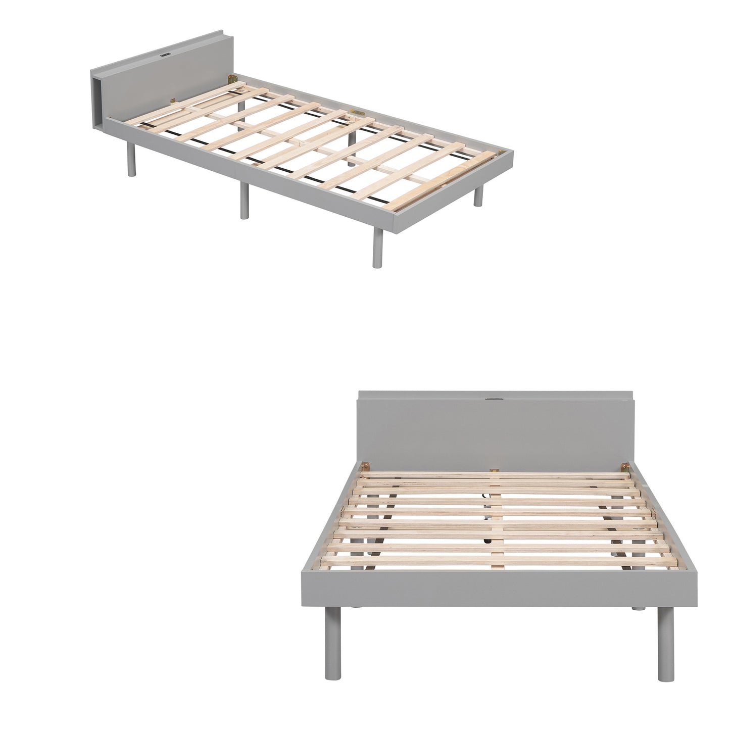 Twin Size Bed Frame with Charging Station Built-in USB Port Metal Slat, Noise Free, Easy Assembly, Golden