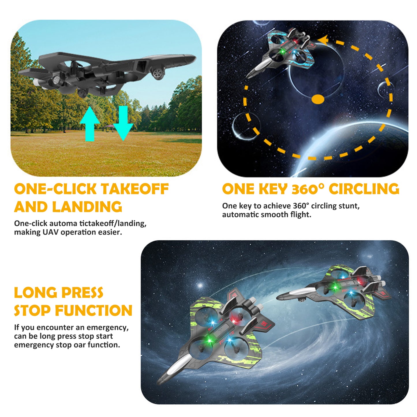 RC Plane Drone Helicopter 2.4GHZ Remote Control Airplane 360°Flip Jet Fighter with LED Lights Foam RC Airplanes Helicopter Quadcopter for Kids, Spinning Drone