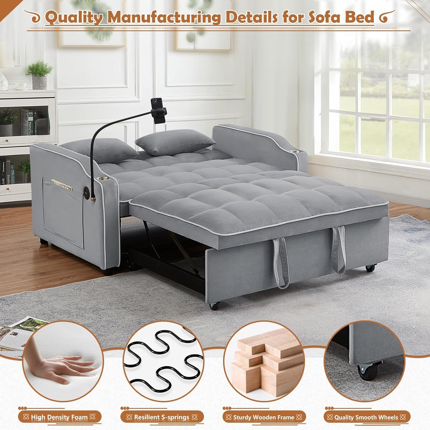 Convertible Sofa Bed with Pull Out Bed - 55" Tufted Velvet Loveseat Sleeper Sofa Adjustable Back with USB Port Ashtray Swivel Phone Stand, Pockets-Perfect for Small Spaces, Living Room Furniture