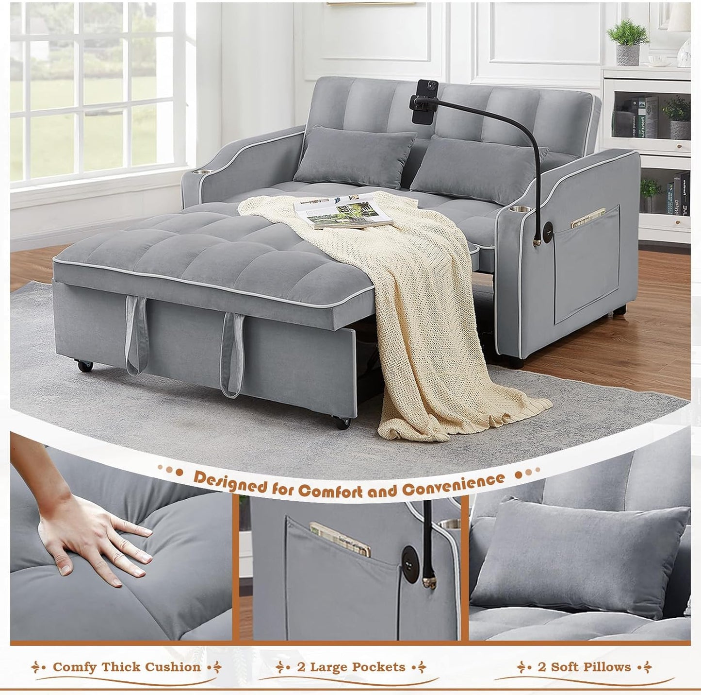 Convertible Sofa Bed with Pull Out Bed - 55" Tufted Velvet Loveseat Sleeper Sofa Adjustable Back with USB Port Ashtray Swivel Phone Stand, Pockets-Perfect for Small Spaces, Living Room Furniture