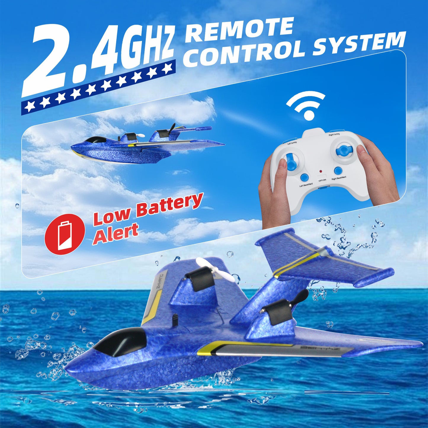 RC Plane for Water Land Air, Upgrade RC Plane Remote Control Glider Airplanes 2.4 GHZ 2 Channels with Lights, Anti-Collision Remote Control Air Planes Fighter Plane Toy Gifts