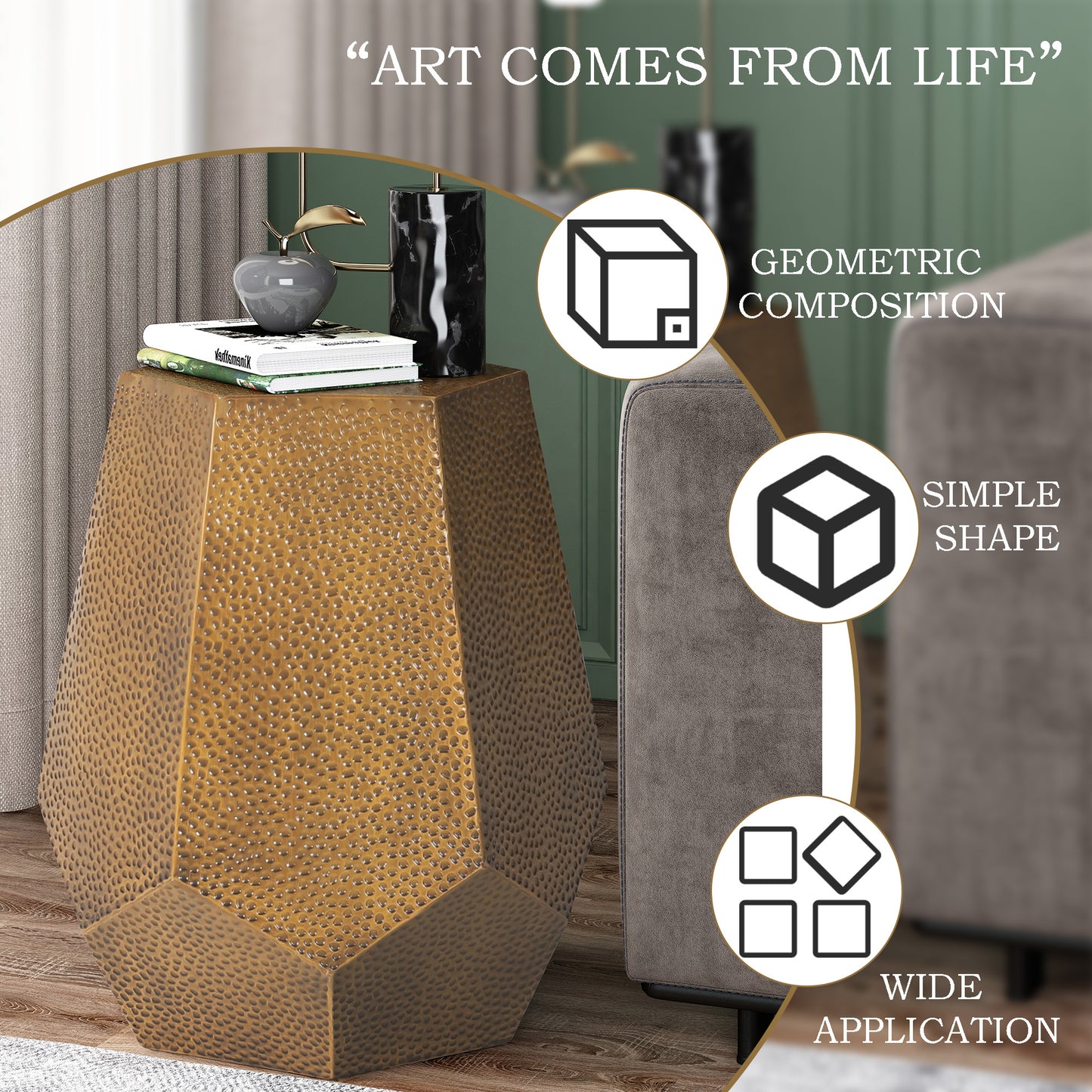 Metal Hammered end Table, Metal Accent Side Table, Fully Assembled, End, Bedside Table and Nightstand, for the Living Room and Bedroom