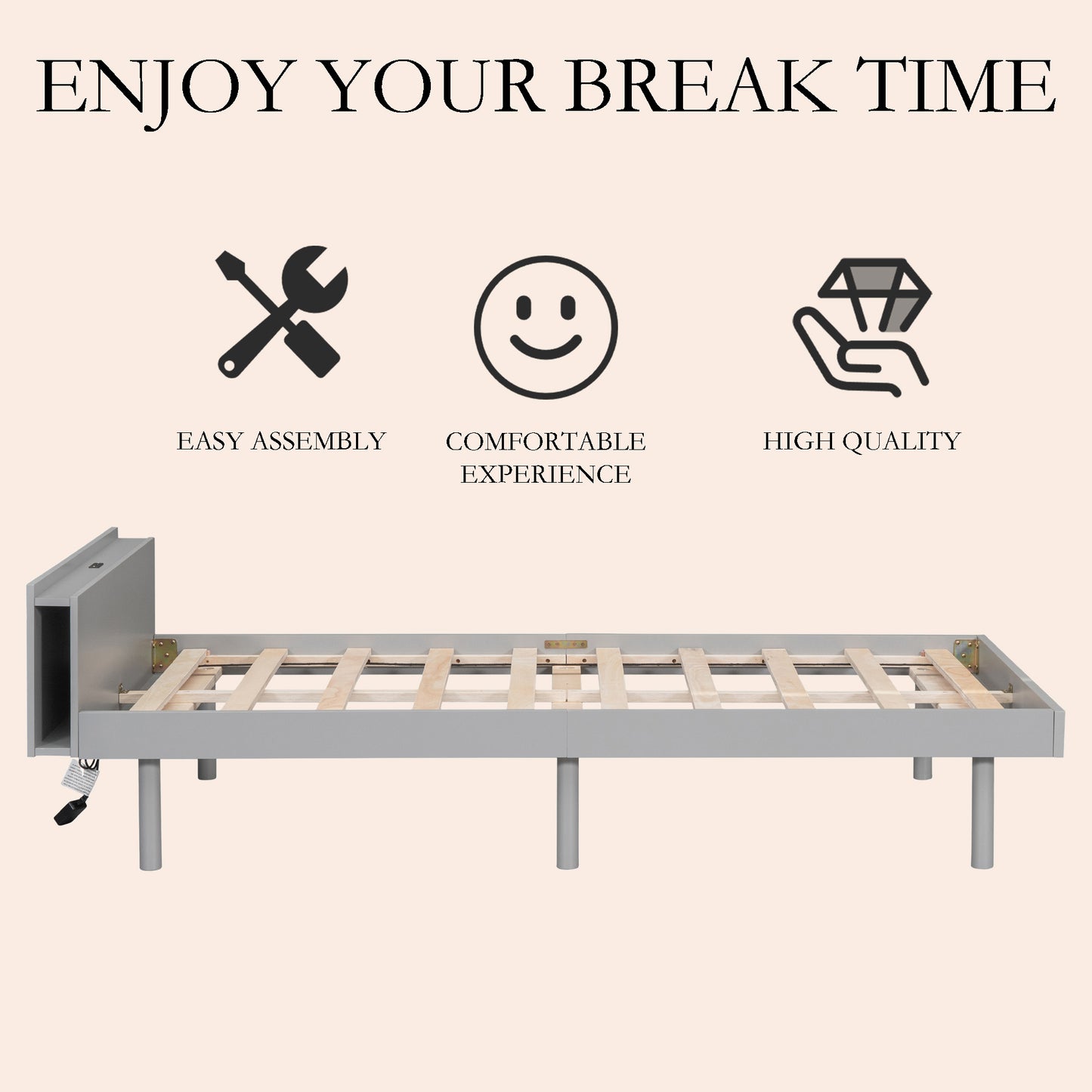 Twin Size Bed Frame with Charging Station Built-in USB Port Metal Slat, Noise Free, Easy Assembly, Golden
