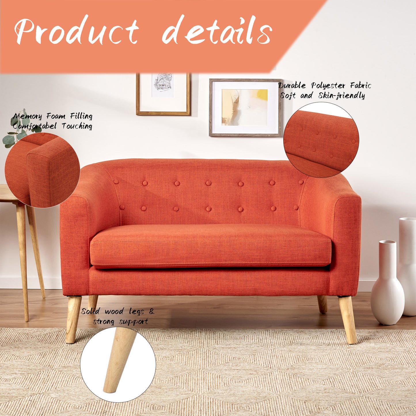 Loveseat Sofa, Mid Century Linen Fabric 2-Seat Couch Tufted Love Seat with Back Cushions and Tapered Wood Legs for Living Room, Bedroom and Small Space