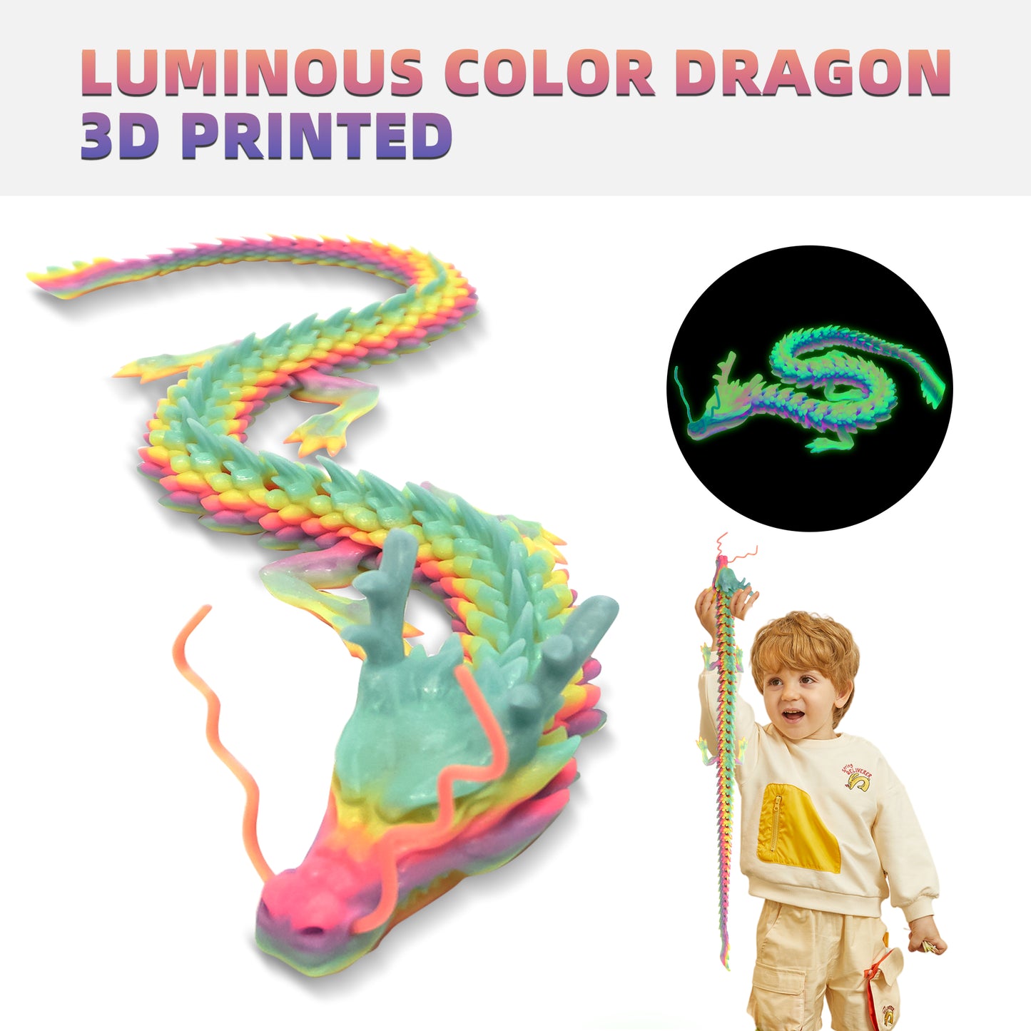 3D Printed Dragon, 3D Dragon,23 Inch 3D Printed Fidget Dragon Glow in The Dark, 3D Printed Articulated Dragon for Home Office Car Desk Decor Toys
