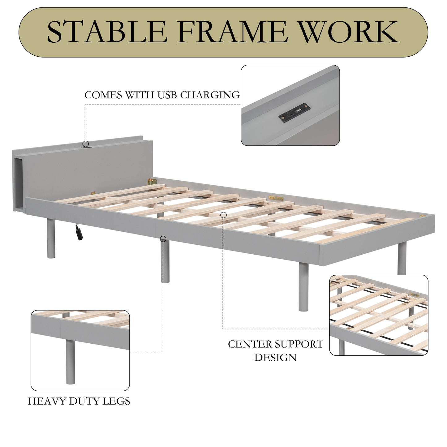 Twin Size Bed Frame with Charging Station Built-in USB Port Metal Slat, Noise Free, Easy Assembly, Golden