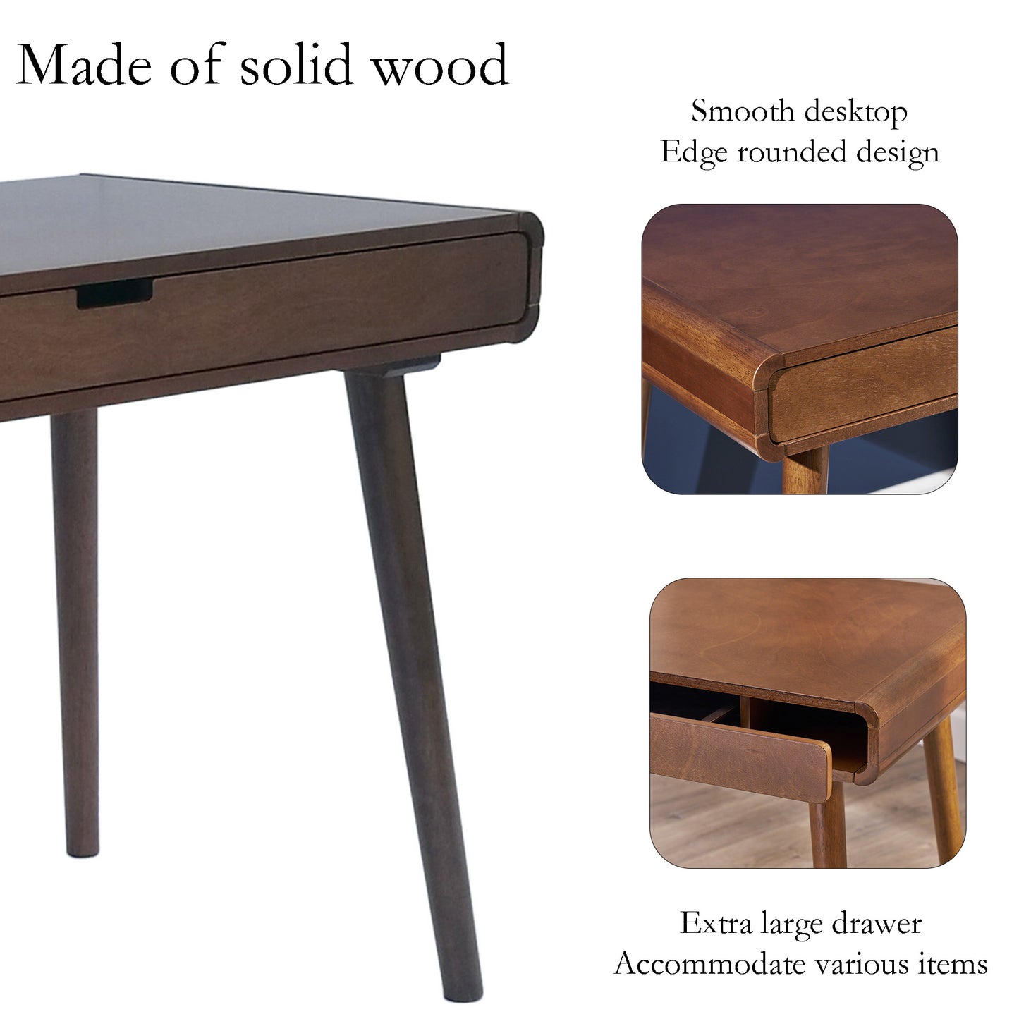 Writing Desk with Drawers Mid Century Modern Desk, Wood Office Desk Computer Desk with Drawer Vanity Desk for Small Space, White Desk with Solid Wood Legs