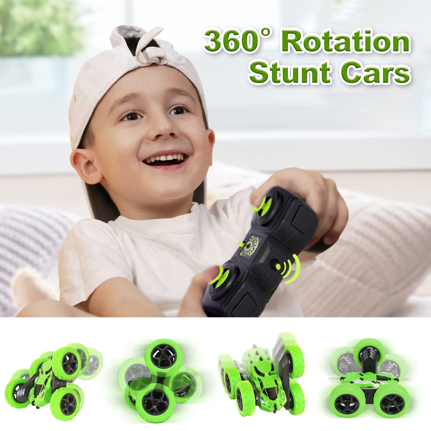Remote Control Car Stunt RC Cars, RC Cars Stunt Car Toy 2.4Ghz Double Sided 360° Rotating RC Crawler with Headlights, 4WD Off Road Drift RC Race Car Toy for Boys Girls Aged 6-12 Green